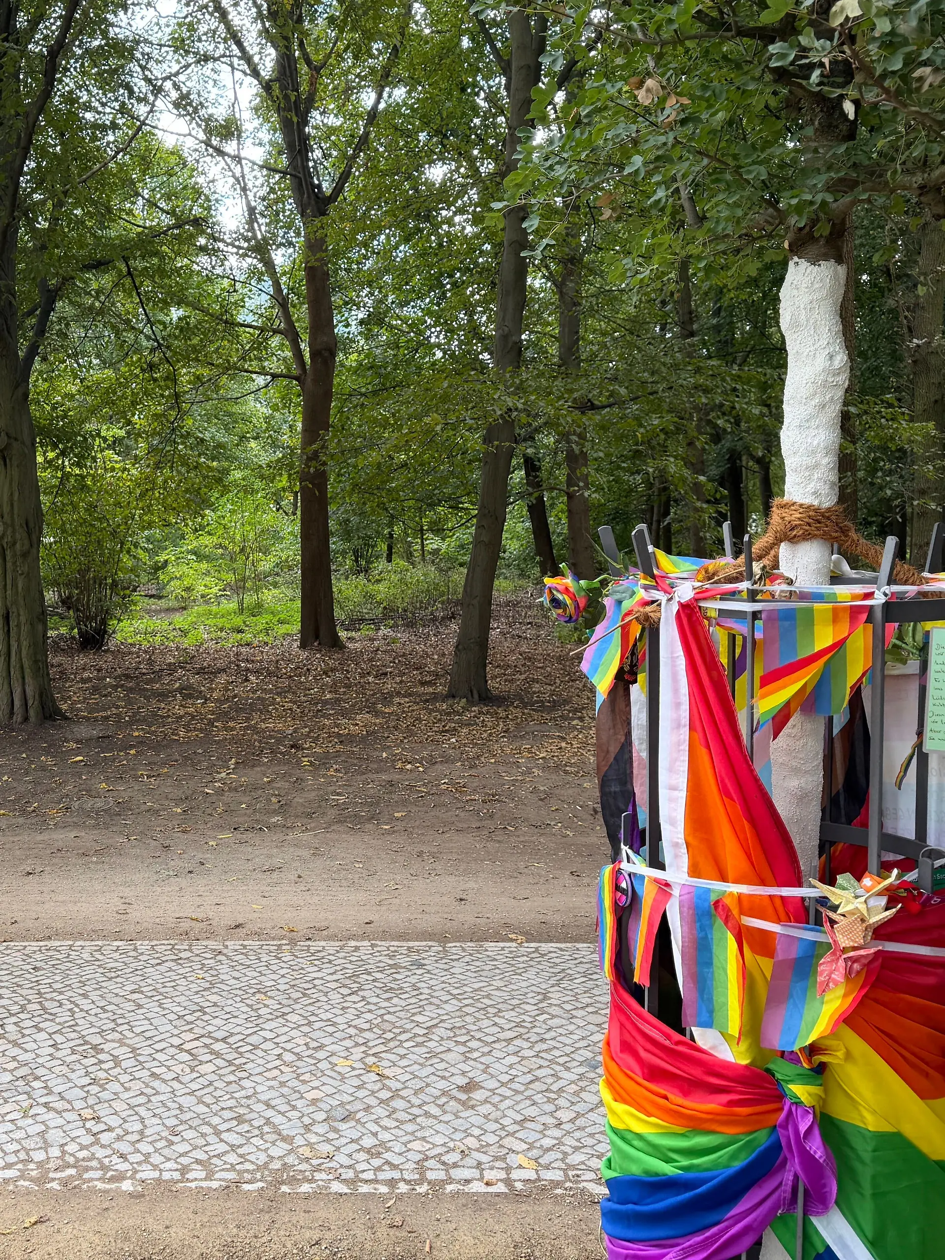 Die zerstörte Regenbogenbank wurde inzwischen abgebaut. Gegenüber steht der neu gepflanzte Baum, der ebenfalls an den CSD-Anschlag erinnern soll.