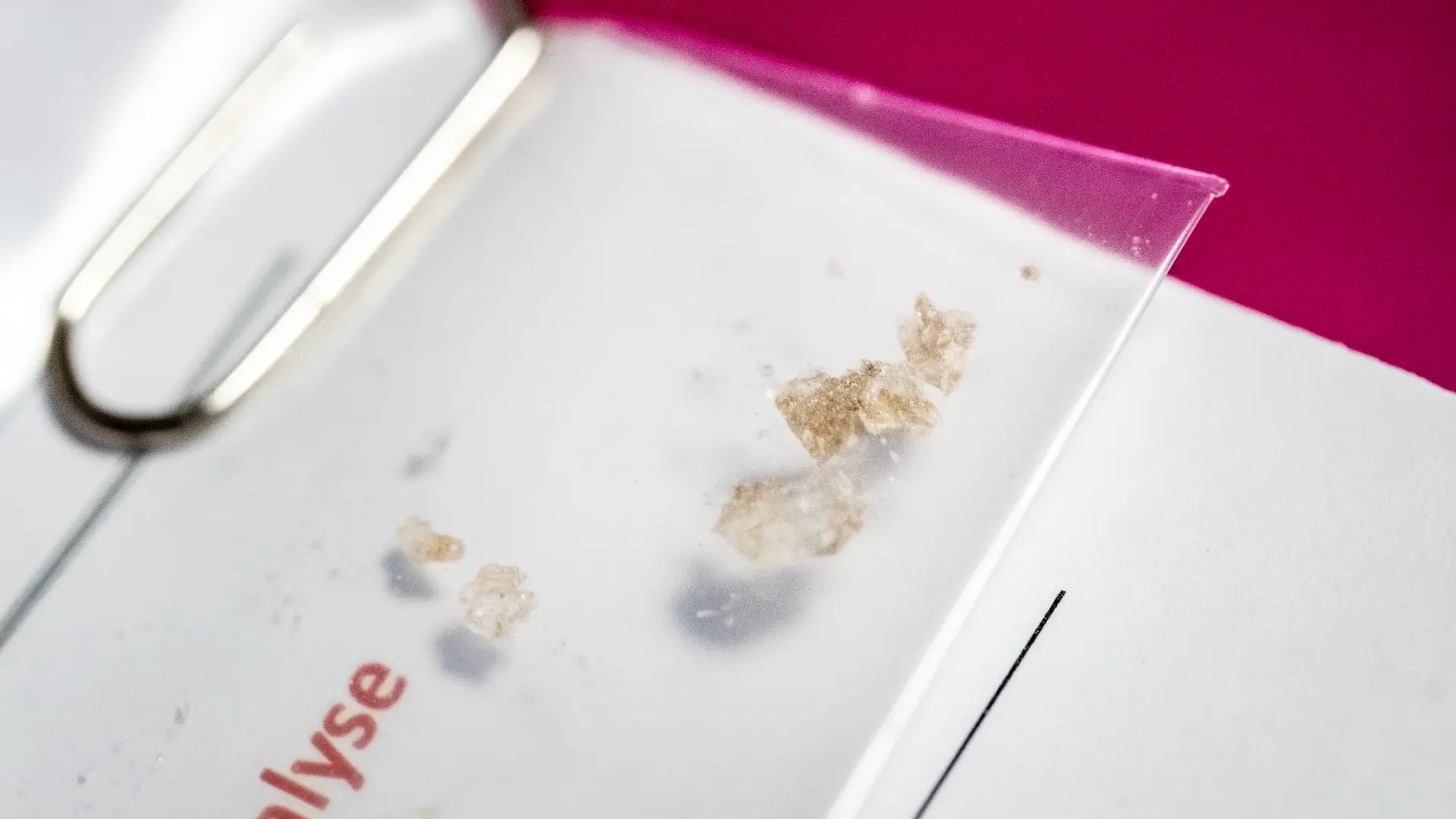 Eine Probe mit MDMA und dem Anmeldetallon im Testlabor des Drogeninformationszentrum (Diz) an der Langstrasse am Freitag, 31. Juli 2026 in Zuerich. Das Drogeninformationszentrum der Stadt Zuerich bietet Konsumentinnen und Konsumenten die Moeglichkeit, Drogen auf Dosierung und Verunreinigungen zu testen und gibt in Beratungsgespraechen Infos zum Konsum. (KEYSTONE/Claudio Thoma)
