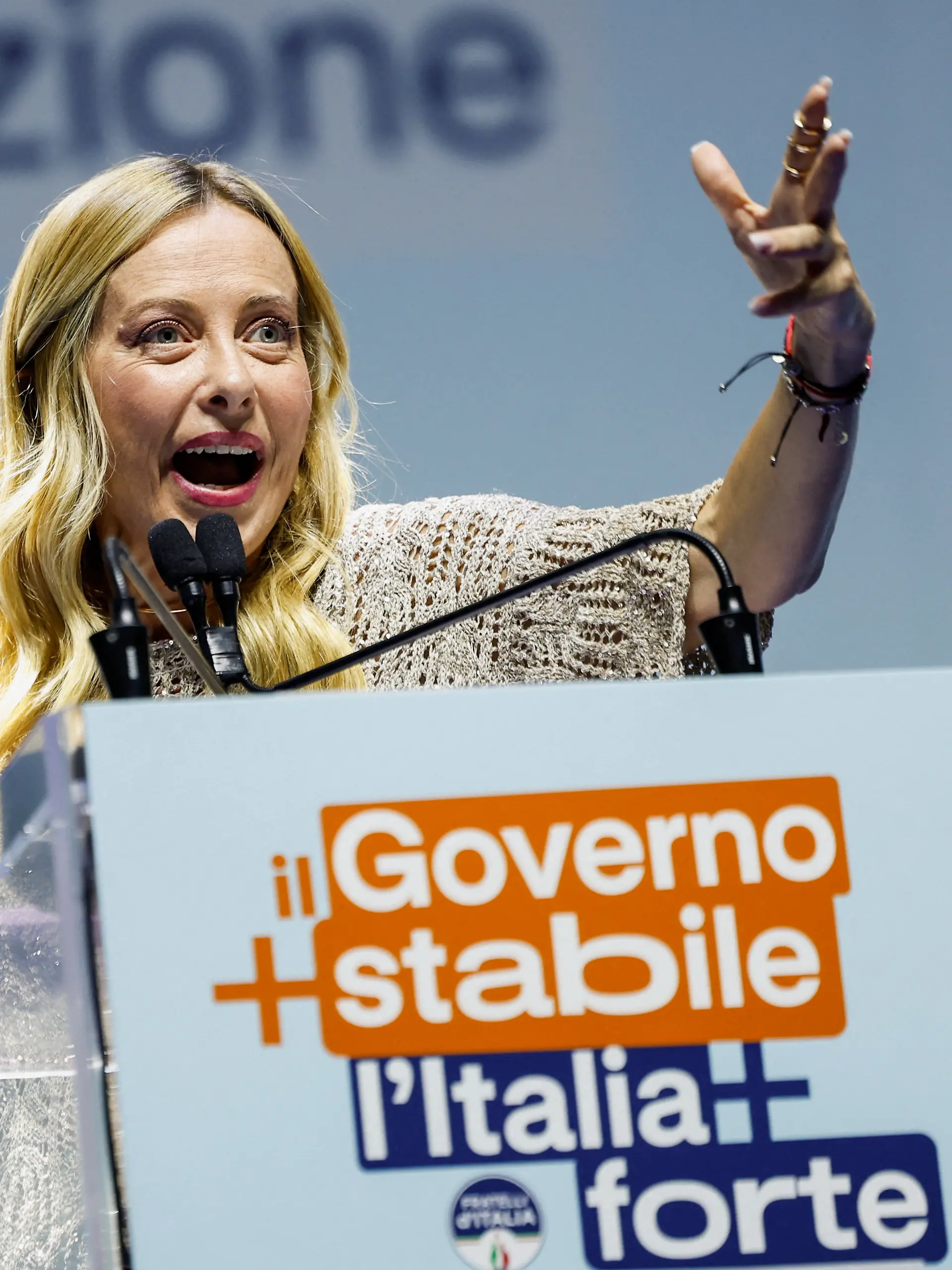 Italian Prime Minister Giorgia Meloni delivers closing remarks at a rally celebrating her government's record as the longest-serving administration in Italy's republican history, in Bari, Italy, September 4, 2026. REUTERS/Remo Casilli