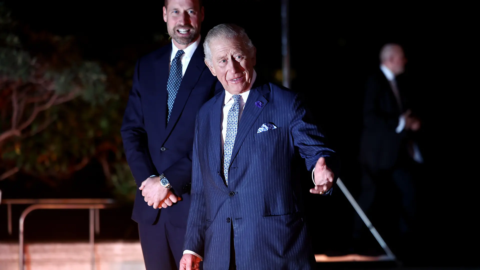 Britain's King Charles III, right, and Britain's Prince William, Prince of Wales arrive to attend the event 'Countdown to COP30: mobilising action for climate and nature' at the Natural History Museum in London on Oct. 9, 2025. . (Henry Nicholls/Pool Photo via AP)
