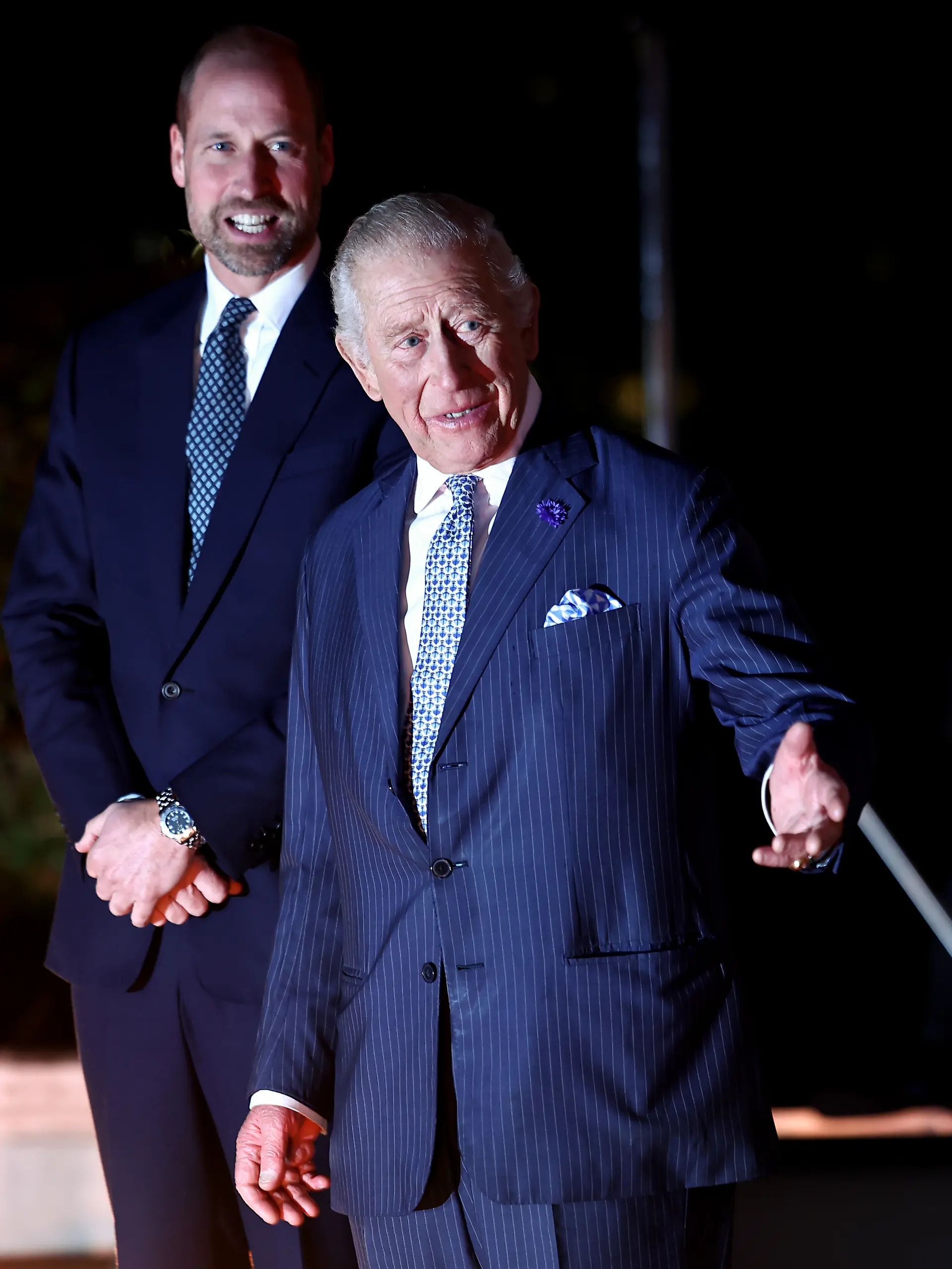 Britain's King Charles III, right, and Britain's Prince William, Prince of Wales arrive to attend the event 'Countdown to COP30: mobilising action for climate and nature' at the Natural History Museum in London on Oct. 9, 2025. . (Henry Nicholls/Pool Photo via AP)