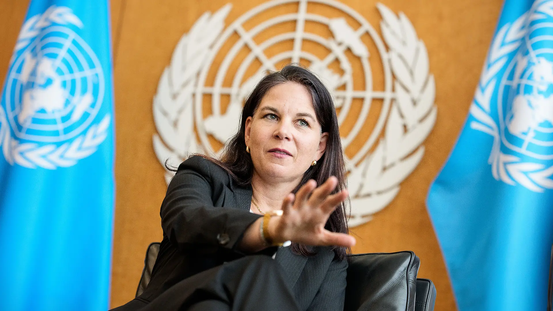 Annalena Baerbock, Präsidentin der Generalversammlung der Vereinten Nationen und ehemalige Außenministerin, aufgenommen in ihrem Büro in der UN bei einem Interview mit der dpa Deutsche Presse-Agentur. (zu dpa: ««Unverantwortlich» - USA und Russland schießen gegen Baerbock») +++ dpa-Bildfunk +++