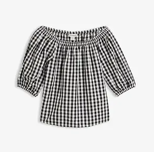 Carmenbluse im Schachbrett-Design, Schwarz-Weiß