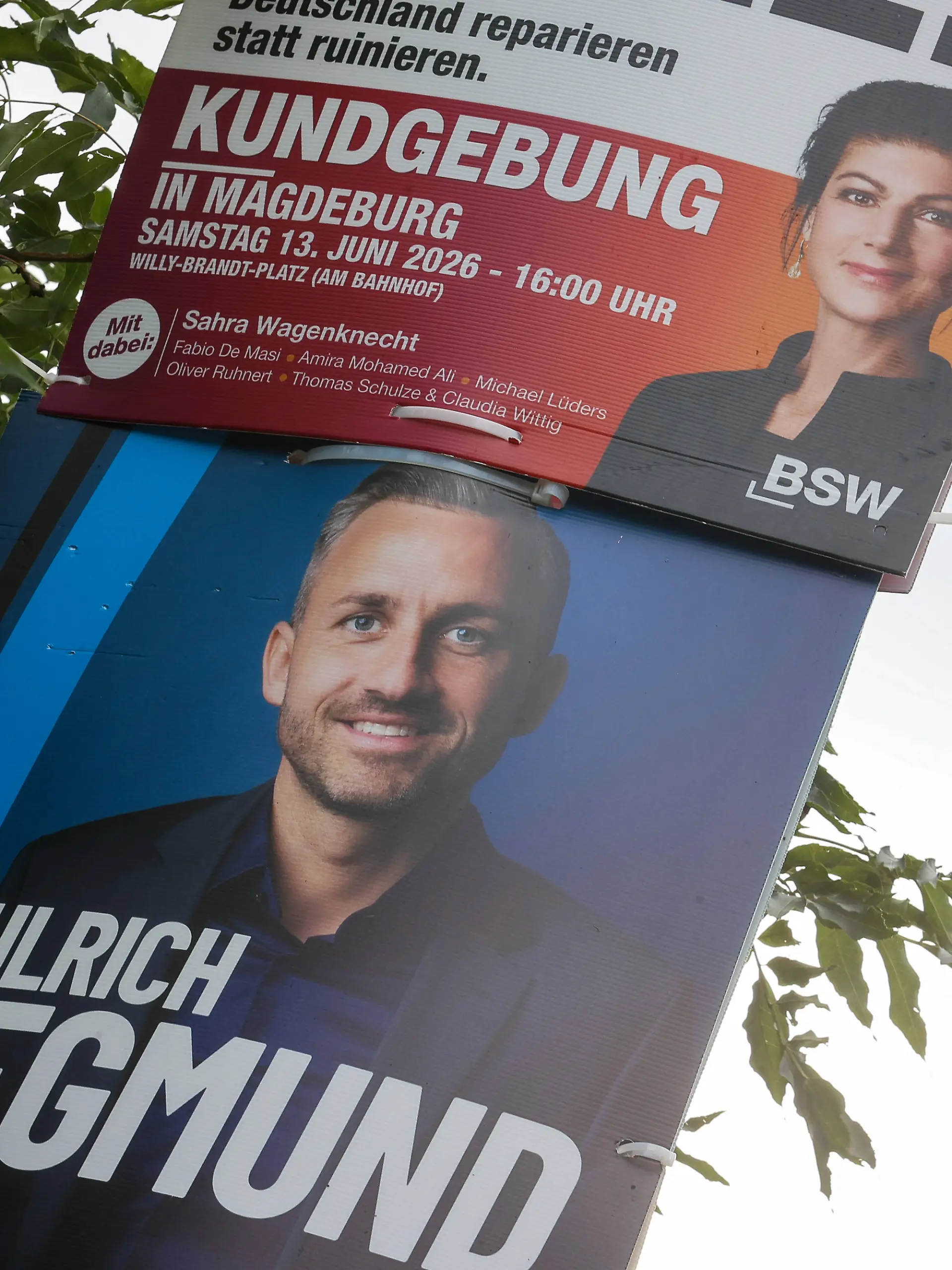 03.09.2026, xtgx, Politik, Landtagswahl 2026 in Sachsen-Anhalt. Symbolfoto, Symbolbild, Symbol, Wahlplakate, Plakate von Ulrich Siegmund Alternative für Deutschland, AfD und dem Bündnis Sahra Wagenknecht, BSW. Magdeburg *** September 3, 2026, xtgx, Politics, 2026 State Election in Saxony-Anhalt stock photo, stock image, symbol, campaign posters, posters by Ulrich Siegmund, Alternative for Germany AfD, and the Sahra Wagenknecht Alliance BSW, Magdeburg
