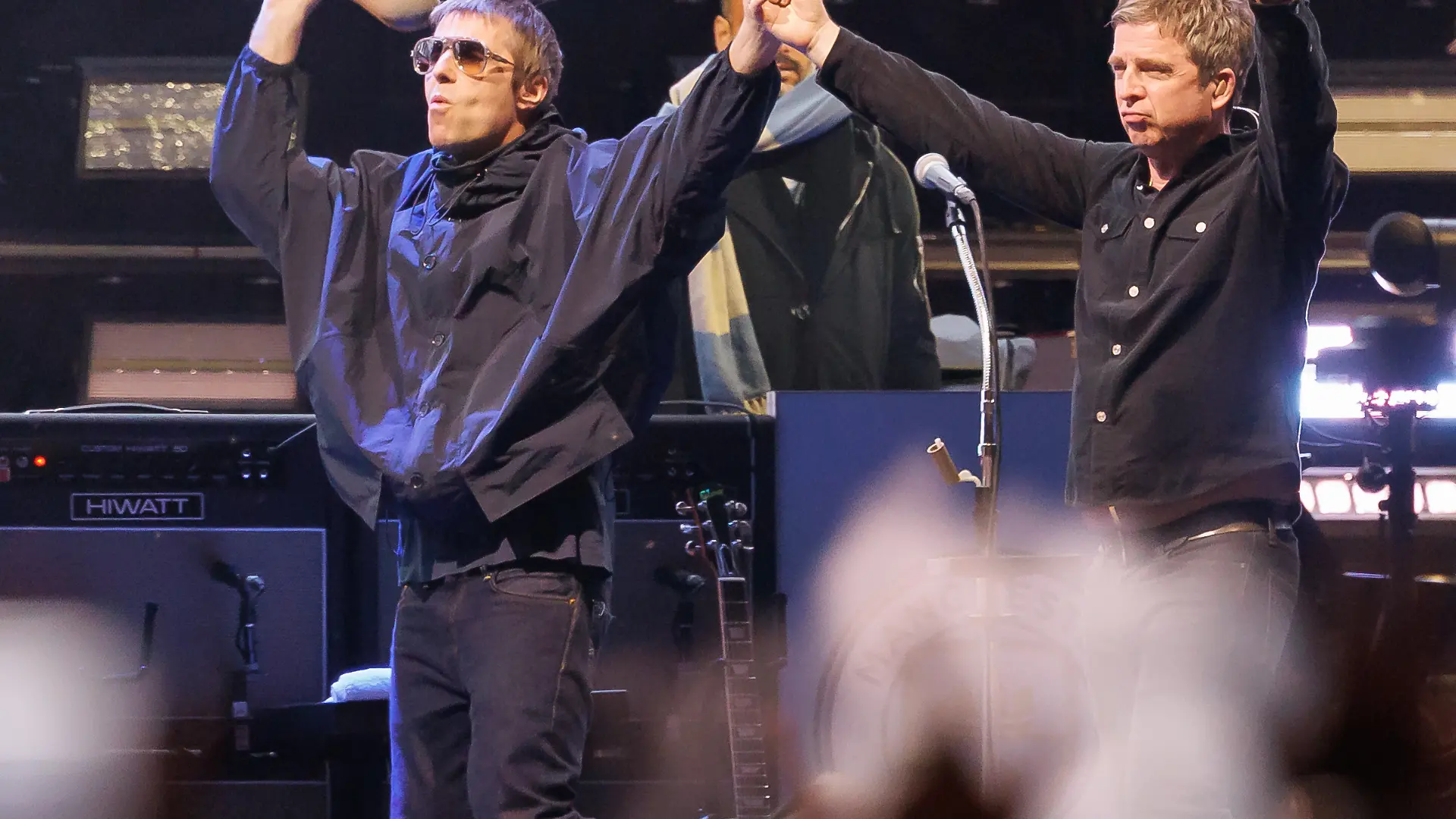 Liam Gallagher, Noel Gallagher of Oasis perform onstage at the Oasis Live '25 World Tour held at the Rose Bowl on September 07, 2025 in Pasadena, California. (Photo by Rich Polk/Variety via Getty Images)