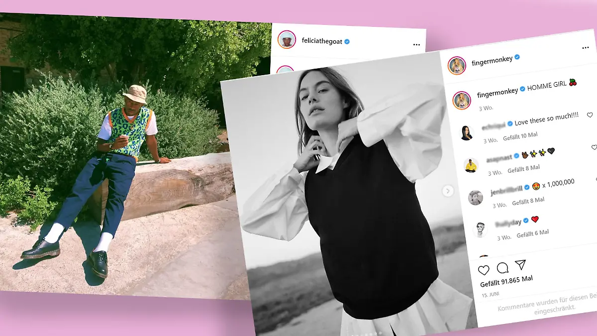 Unisex Pullunder-Trend: Tyler, the Creator und Camille Rowe tragen Pullunder.