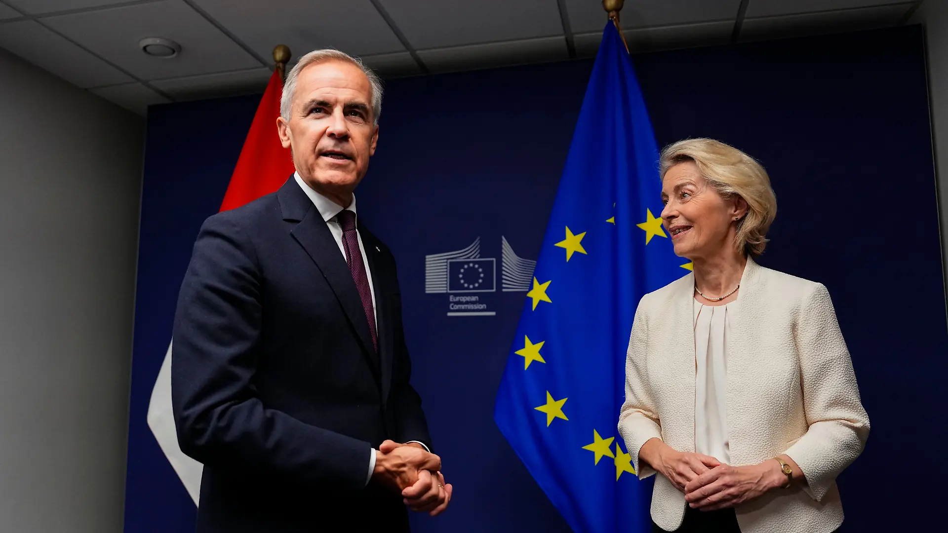 Canadian Prime Minister Mark Carney left, and European Commission President Ursula von der Leyen participate in a bilateral meetingat the European Parliament in Strasbourg, France, Wednesday, Sept. 16, 2026. (Justin Tang/The Canadian Press via AP)