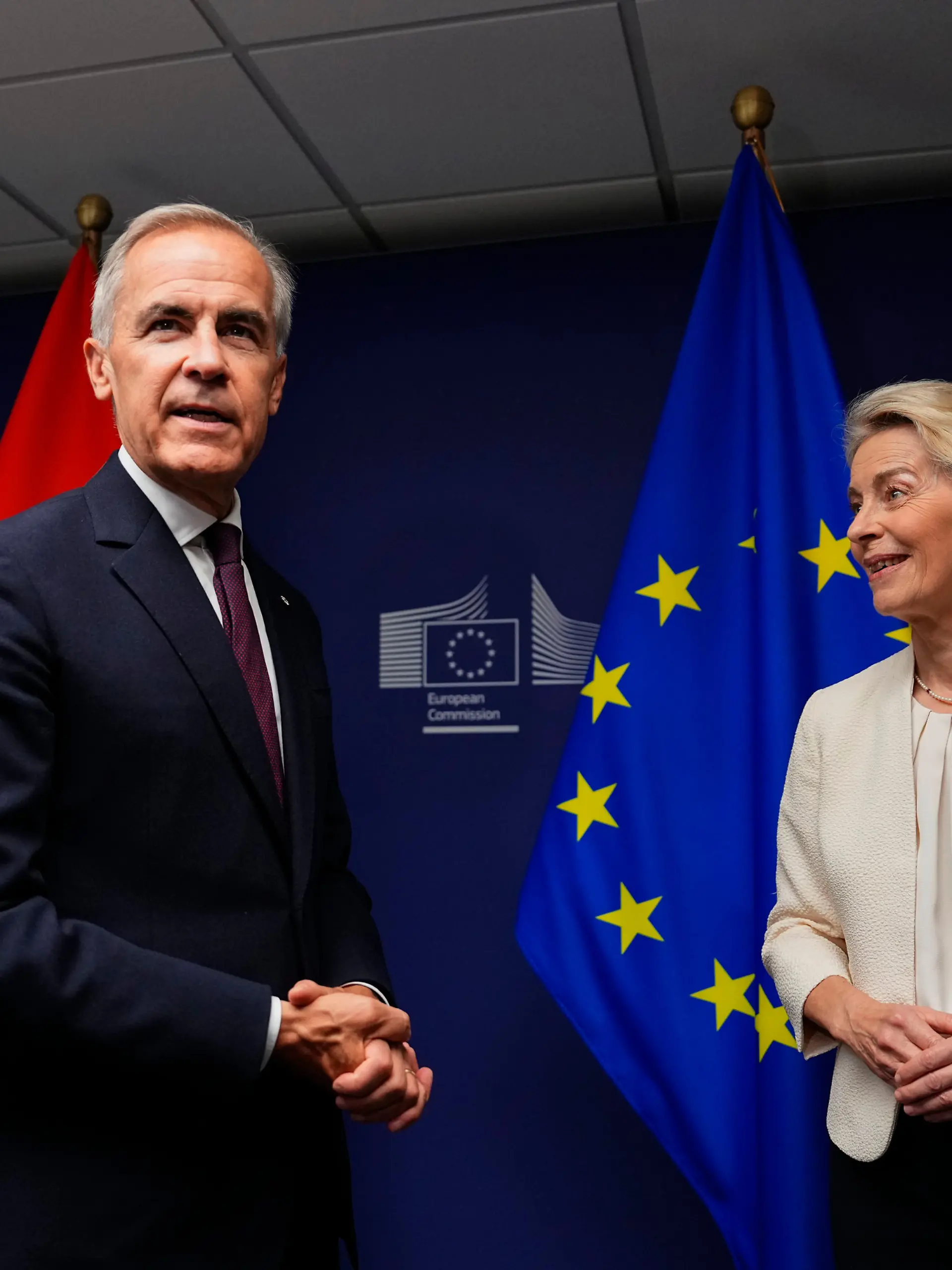 Canadian Prime Minister Mark Carney left, and European Commission President Ursula von der Leyen participate in a bilateral meetingat the European Parliament in Strasbourg, France, Wednesday, Sept. 16, 2026. (Justin Tang/The Canadian Press via AP)