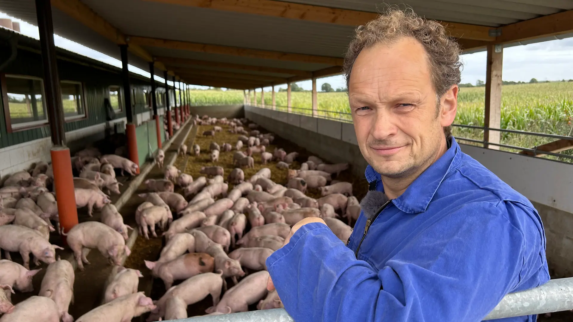 Eiken Struve steht im Stall. Hinter ihm tummeln sich knapp 600 Schweine im Auslauf.