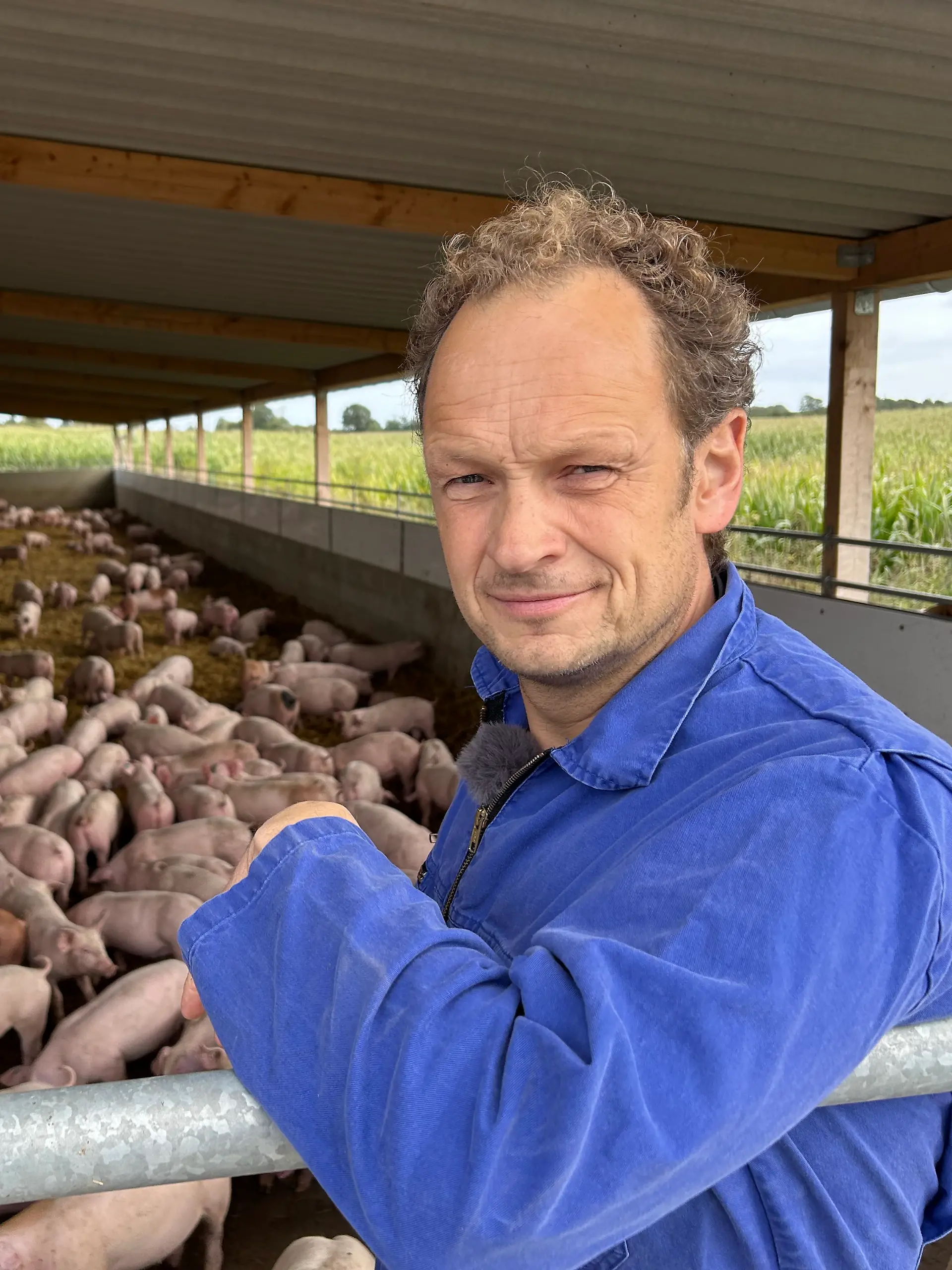 Eiken Struve steht im Stall. Hinter ihm tummeln sich knapp 600 Schweine im Auslauf.