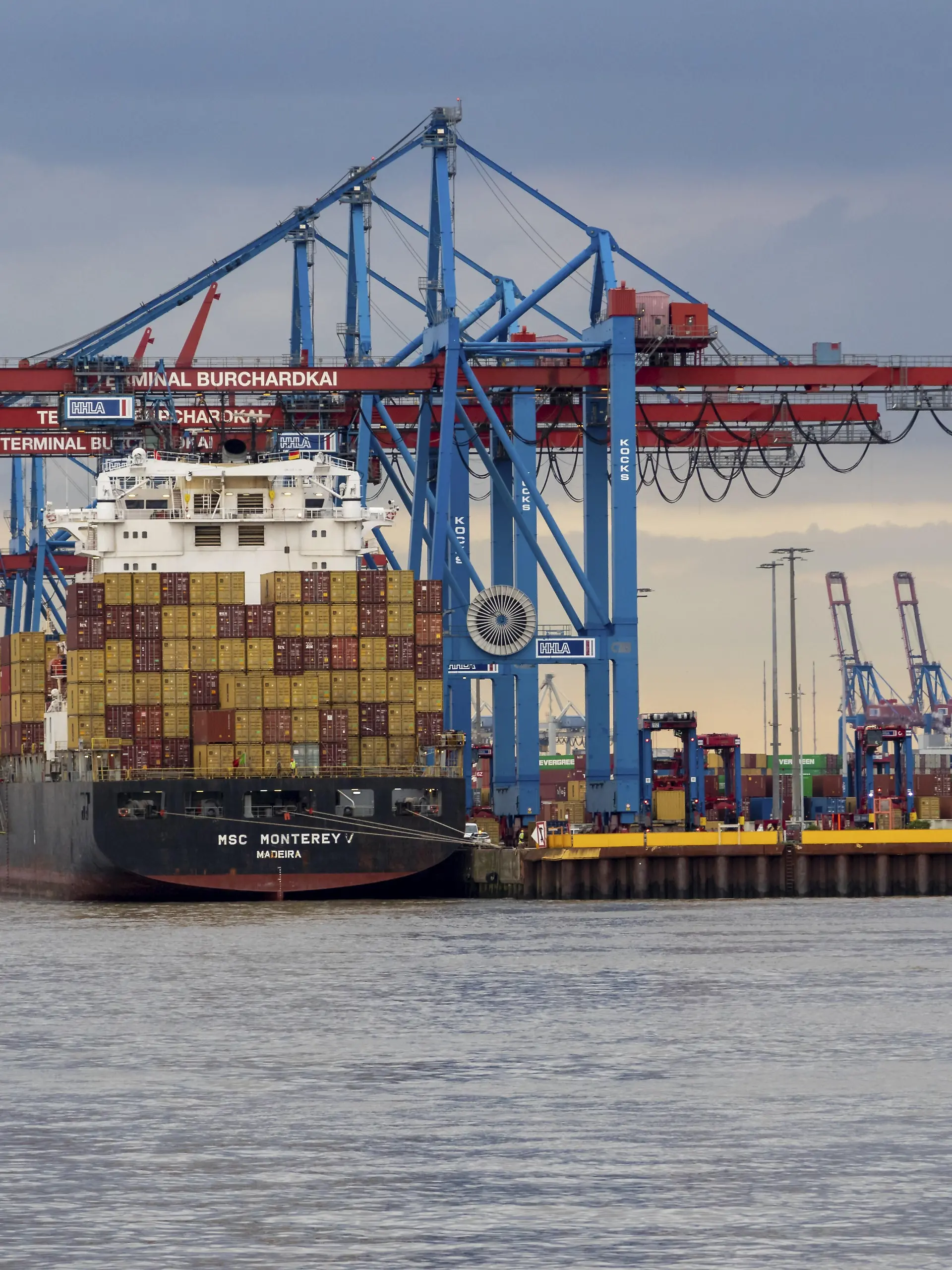 Containerschiff MSC Monterey V der Reederei Mediterranean Shipping Company in dunkler Wolkenstimmung am Containerterminal Burchardkai im Hafen von Hamburg, Deutschland
