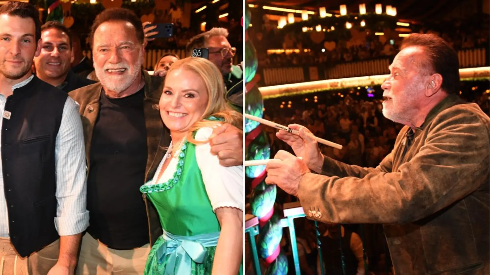 Arnold Schwarzenegger kam in Begleitung seiner Partnerin ins Oktoberfest-Bierzelt Marstall - dort dirigierte er dann auch traditionell wieder die Kapelle.