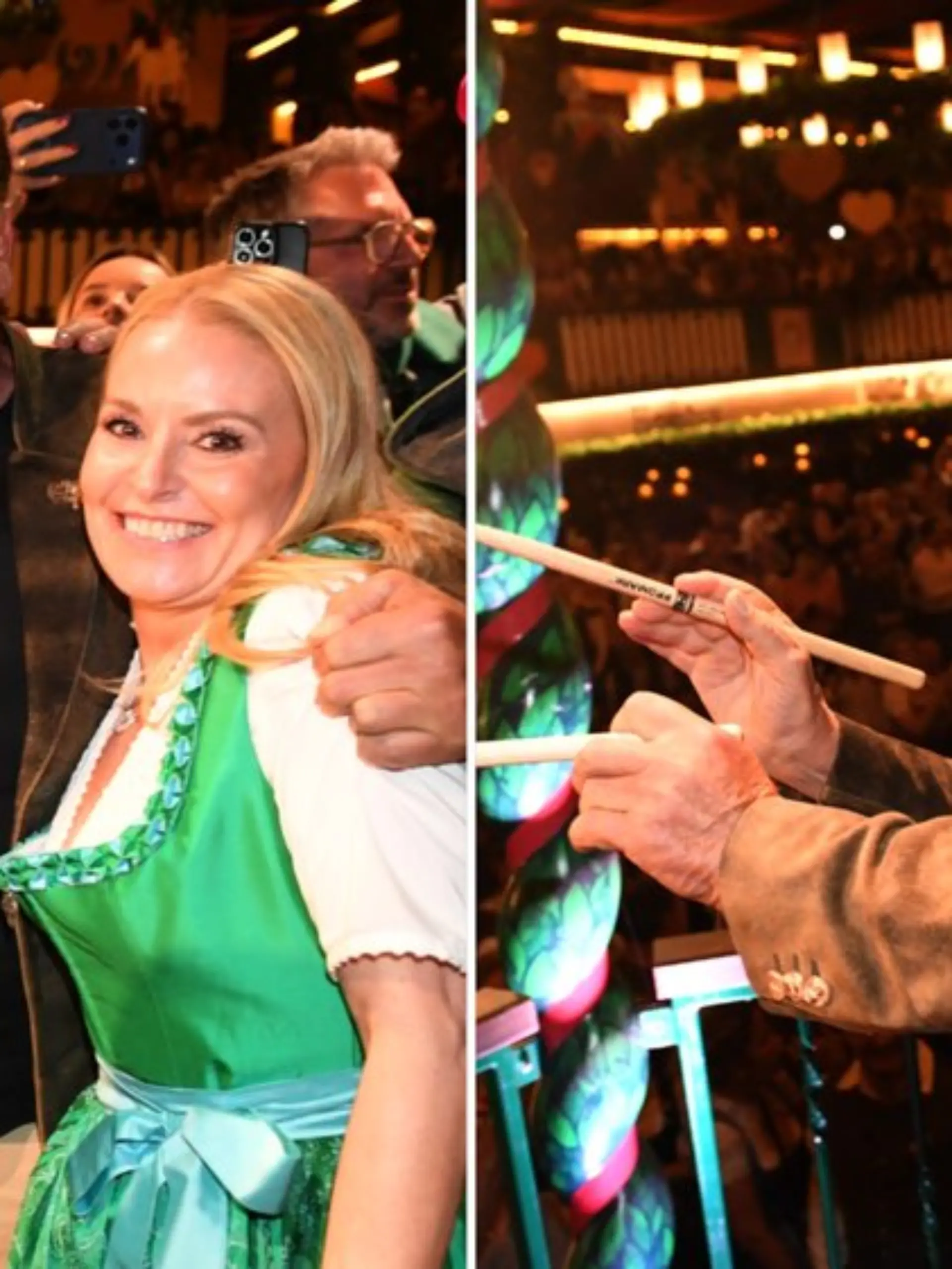 Arnold Schwarzenegger kam in Begleitung seiner Partnerin ins Oktoberfest-Bierzelt Marstall - dort dirigierte er dann auch traditionell wieder die Kapelle.