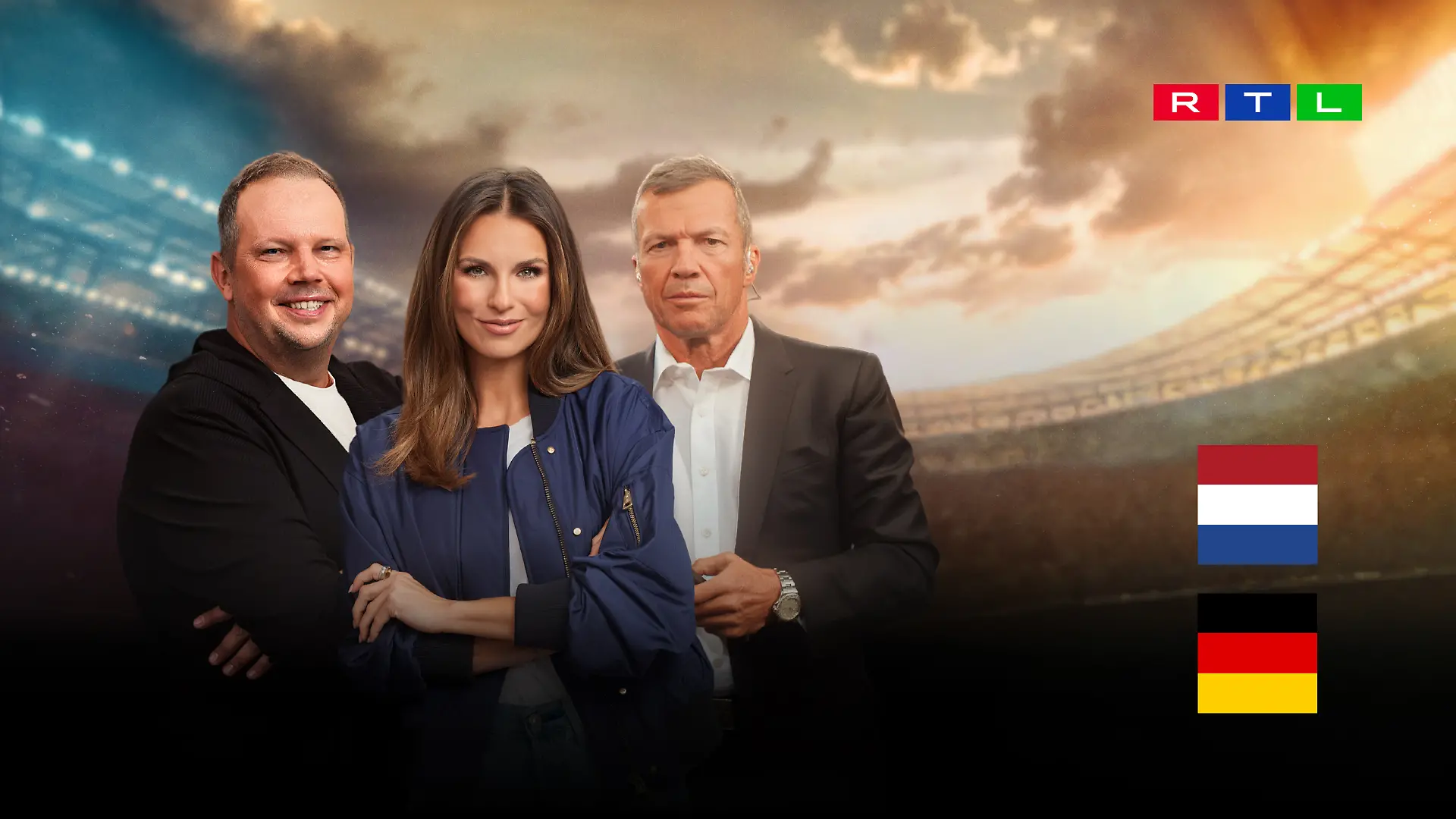 V.l.: Wolff Fuss, Laura Wontorra und Lothar Matthäus sind die Experten beim Spiel Niederlande gegen Deutschland.