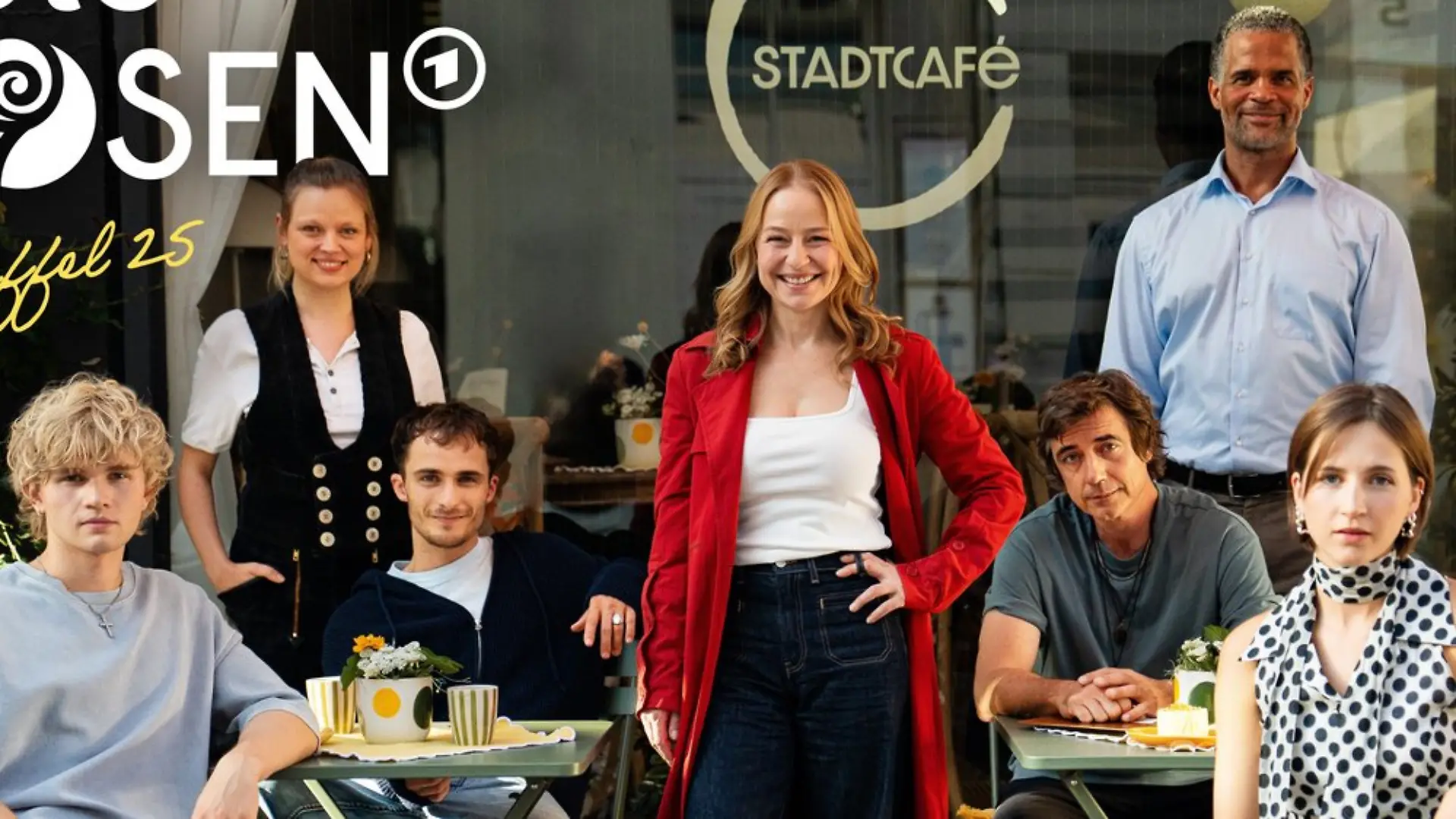 Das Ensemble der 25. Staffel "Rote Rosen" (v.l.): Jonathan Fölster, Edda Lina Janz, Maurizio Magno, Theresa Scholze, Nils Brunkhorst, Philip Bender und Greta Geyer.