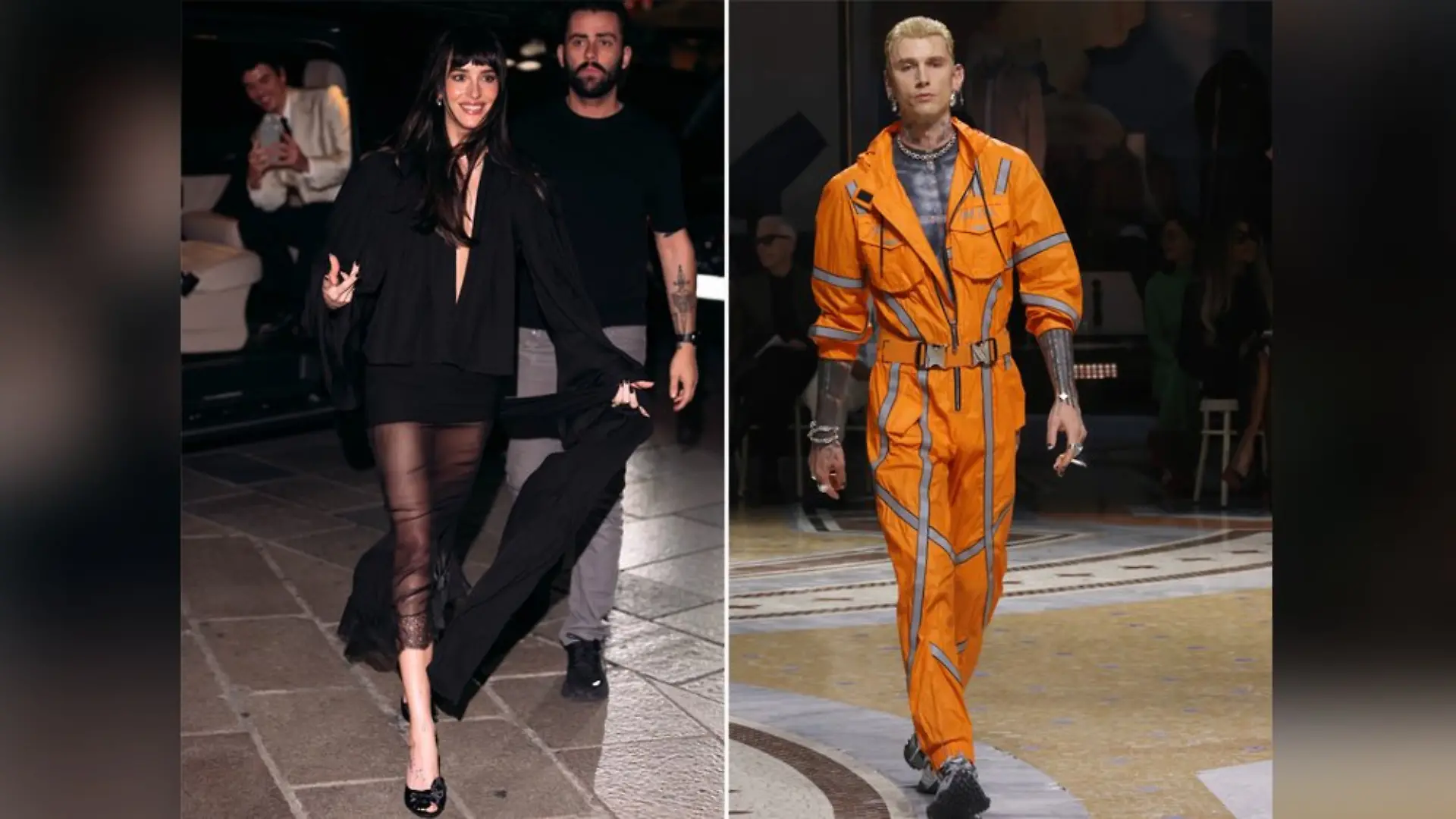Musiker Machine Gun Kelly lief über den Catwalk bei der Mailänder Modewoche, Schauspielerin Dakota Johnson schaute zu.