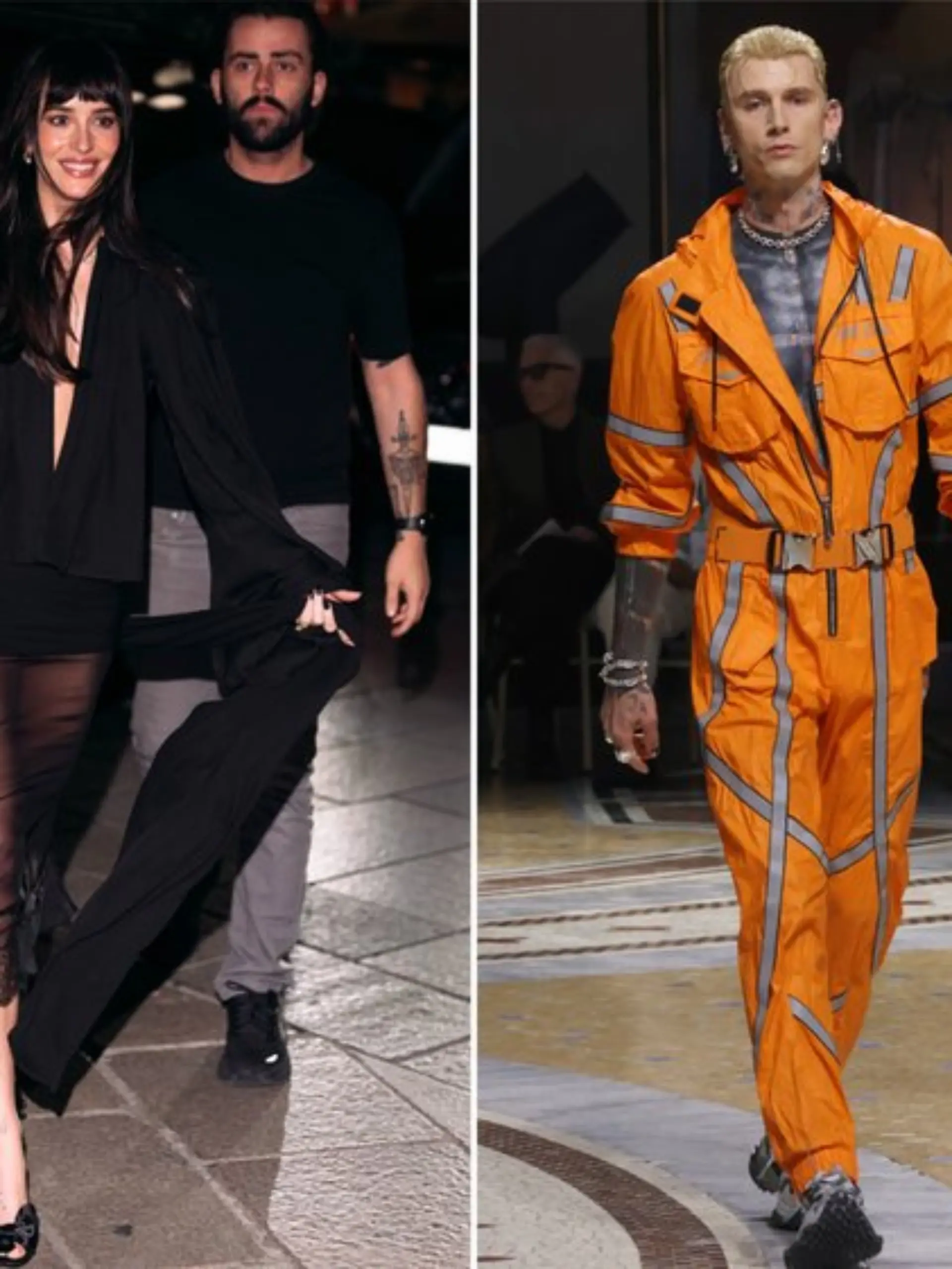 Musiker Machine Gun Kelly lief über den Catwalk bei der Mailänder Modewoche, Schauspielerin Dakota Johnson schaute zu.