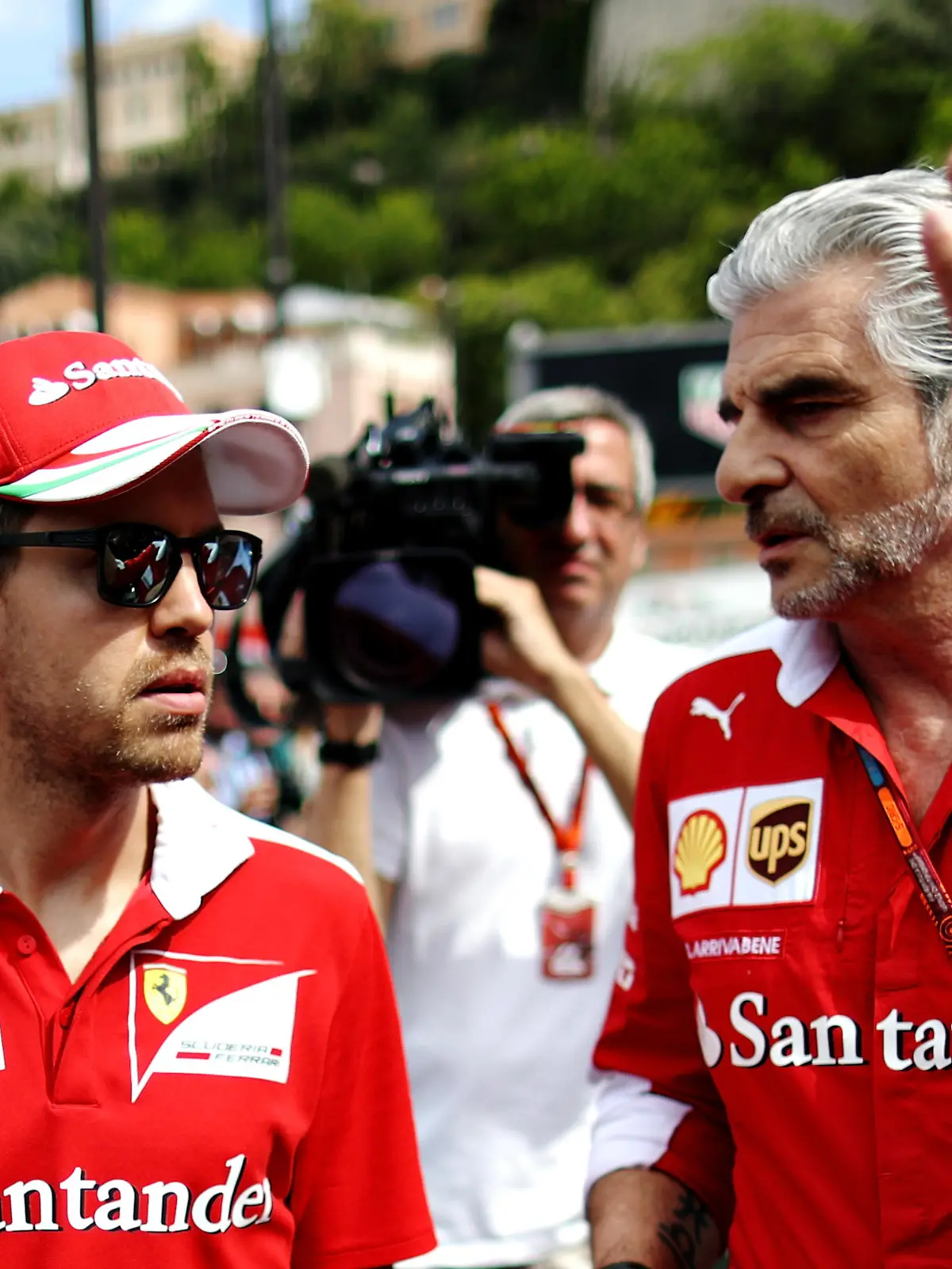 MONTE-CARLO, MONACO - MAY 27:  Sebastian Vettel of Germany and Ferrari with Ferrari Team Principal Maurizio Arrivabene in the Pitlane during previews to the Monaco Formula One Grand Prix at Circuit de Monaco on May 27, 2016 in Monte-Carlo, Monaco.  (Photo by Lars Baron/Getty Images)