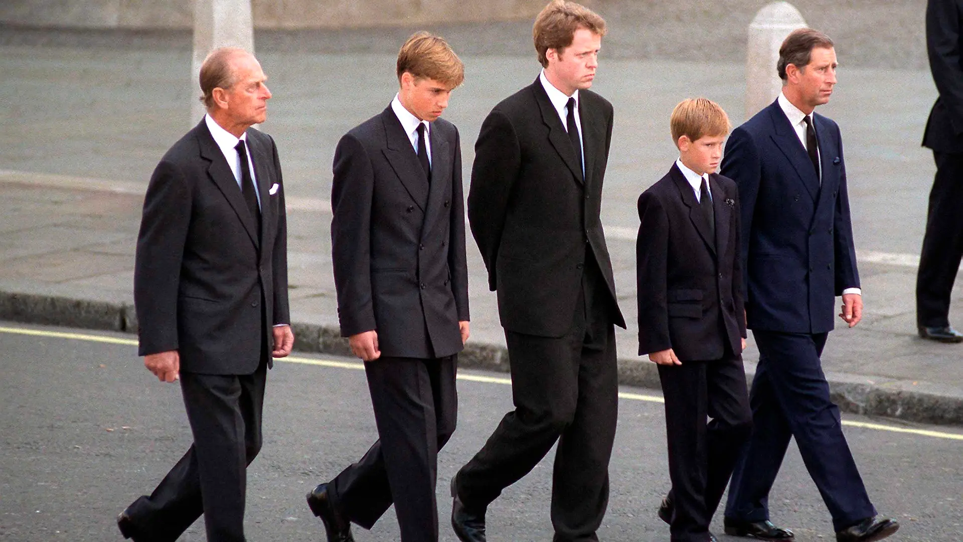 Prinz Philip, Prinz William, Charles Spencer, Prinz Harry und König Charles