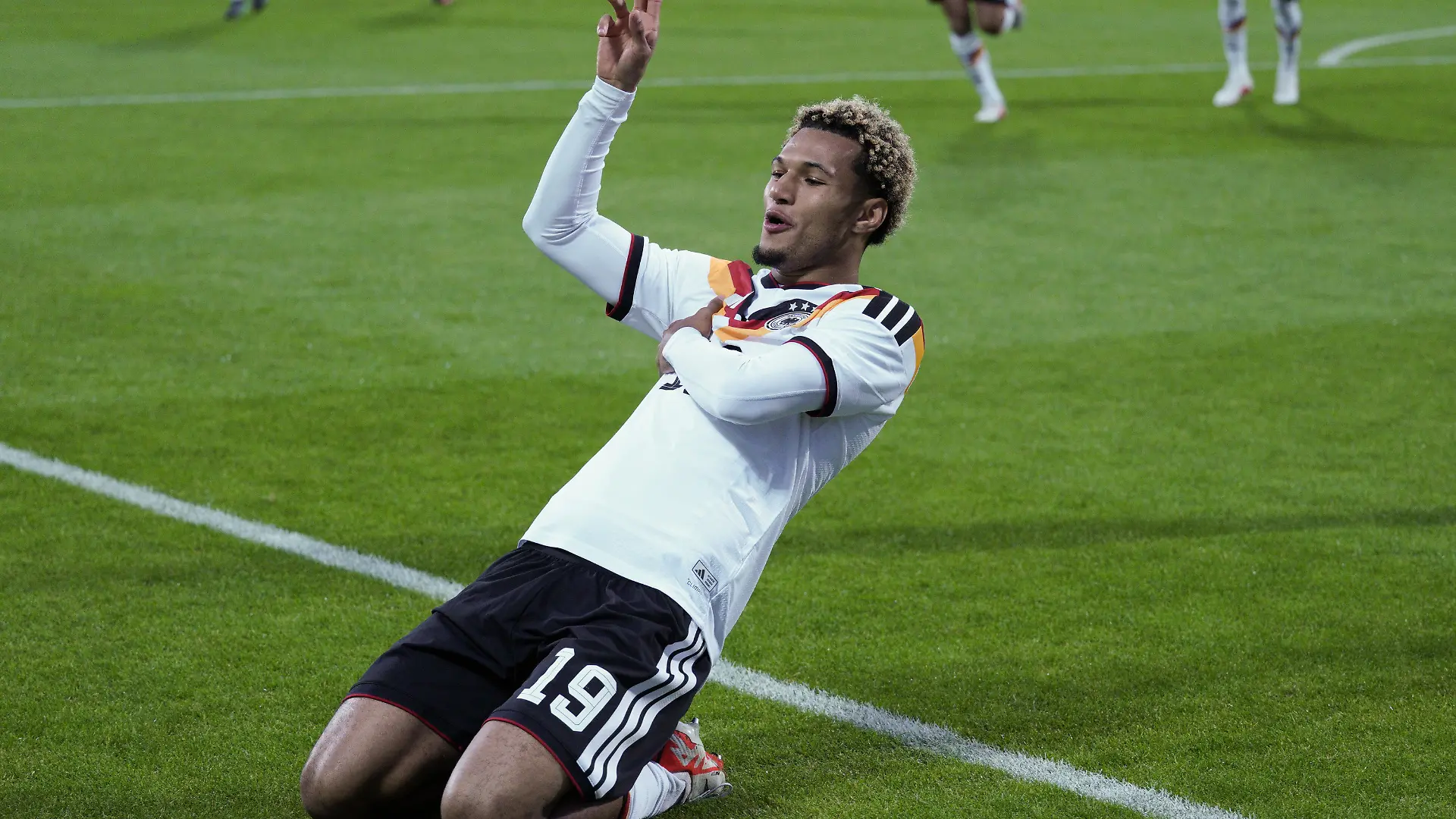 26.09.2026, Lettland, Riga: Fußball, U21 Männer: EM-Qualifikation, Lettland - Deutschland, Paris Brunner (Deutschland) feiert nach einem Tor. Foto: Oksana Dzadan/dpa/ +++ dpa-Bildfunk +++