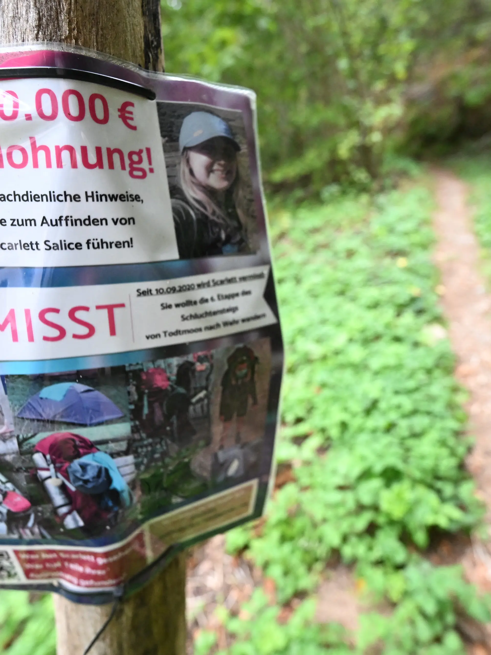 An einem Wanderweg am Schluchtensteig hängt ein Plakat mit der Aufschrift "Vermisst" und dem Hinweis auf eine Belohnung. Die vermisste Wanderin Scarlett soll in dieser Gegend gewandert sein. Noch immer fehlt von Scarlett Salice jede Spur. Im Jahr 2020 verschwand die junge Frau aus dem ostwestfälischen Bad Lippspringe beim Wandern im Südschwarzwald. (zu dpa: «Scarlett und weitere bekannte Vermisstenfälle im Südwesten») +++ dpa-Bildfunk +++