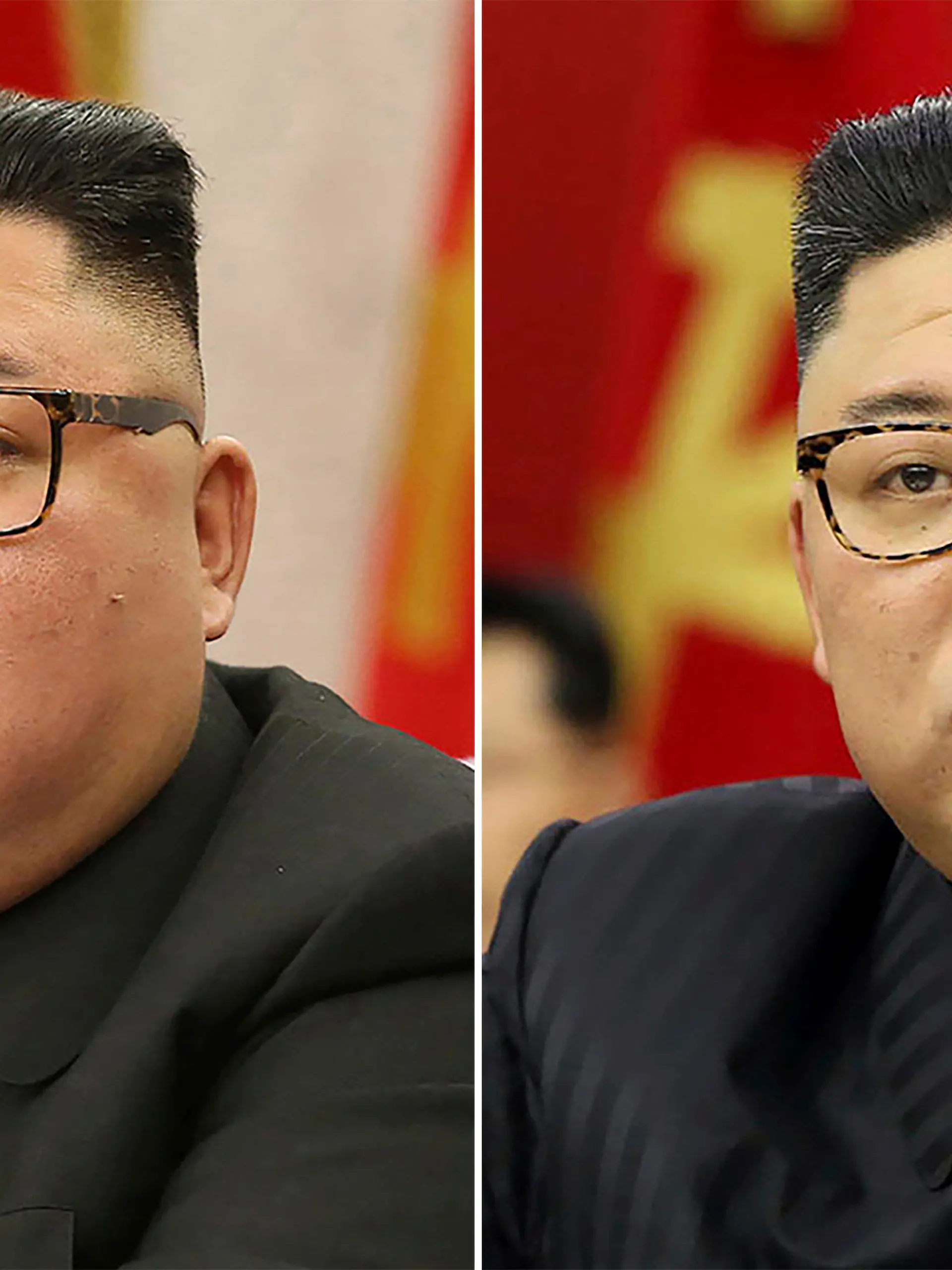 FILE - This combination of file photos provided by the North Korean government, shows North Korean leader Kim Jong Un at Workers' Party meetings in Pyongyang, North Korea, on Feb. 8, 2021, left, and June 15, 2021. North Korean state TV has cited an unidentified resident as saying that citizens are heartbroken because of leader Kim's “emaciated looks.” The comments are a rare acknowledgement of outside speculation that Kim has recently lost a considerable about of weight. Independent journalists were not given access to cover the event depicted in this image distributed by the North Korean government. The content of this image is as provided and cannot be independently verified. (Korean Central News Agency/Korea News Service via AP, File)