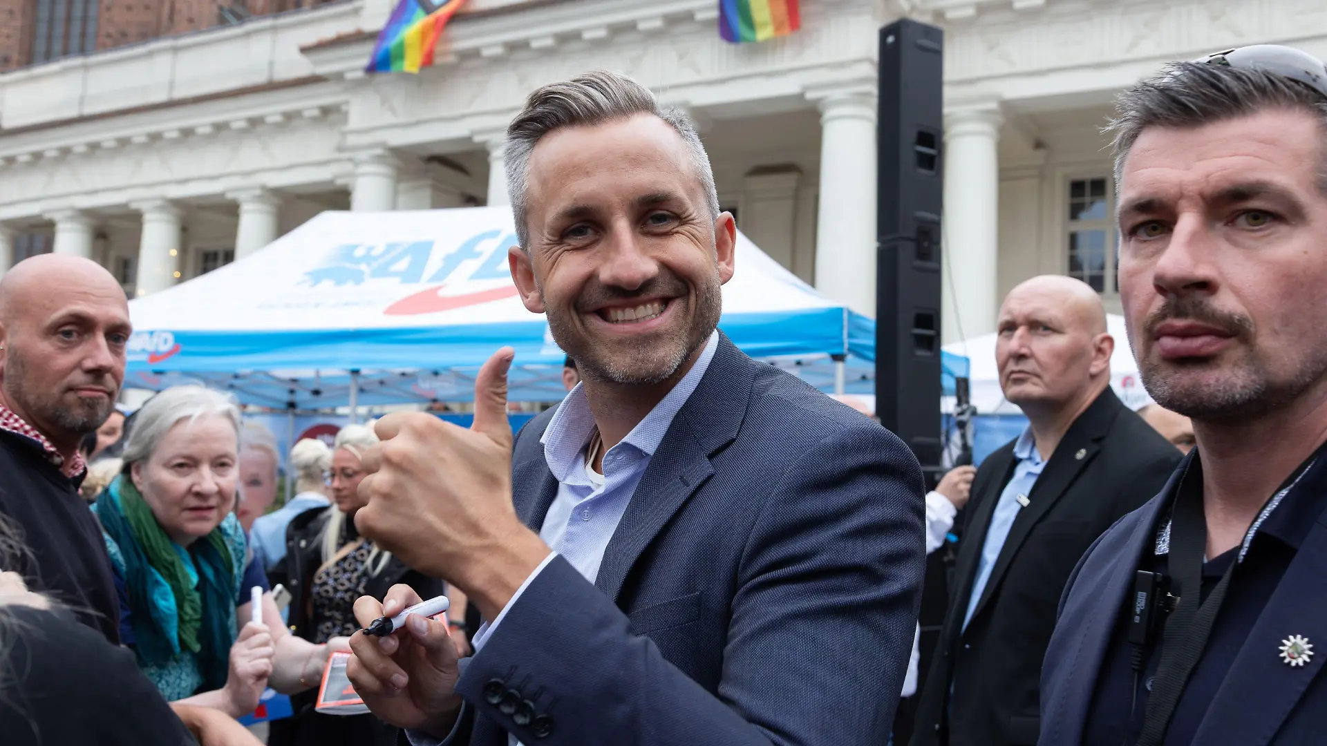 SCHWERIN, GERMANY, SEPTEMBER 19, 2026: AfD politicians Leif-Erik Holm, Ulrich Siegmund and Petra Federau attend the partys final campaign rally in Schwerin ahead of the Mecklenburg-Vorpommern state election on September 20. Party supporters gathered for the closing campaign event, while demonstrators opposed to the far-right AfD held a counter-protest nearby. Photo by Somaya Abdelrahman / JNA Press/Sipa USA.