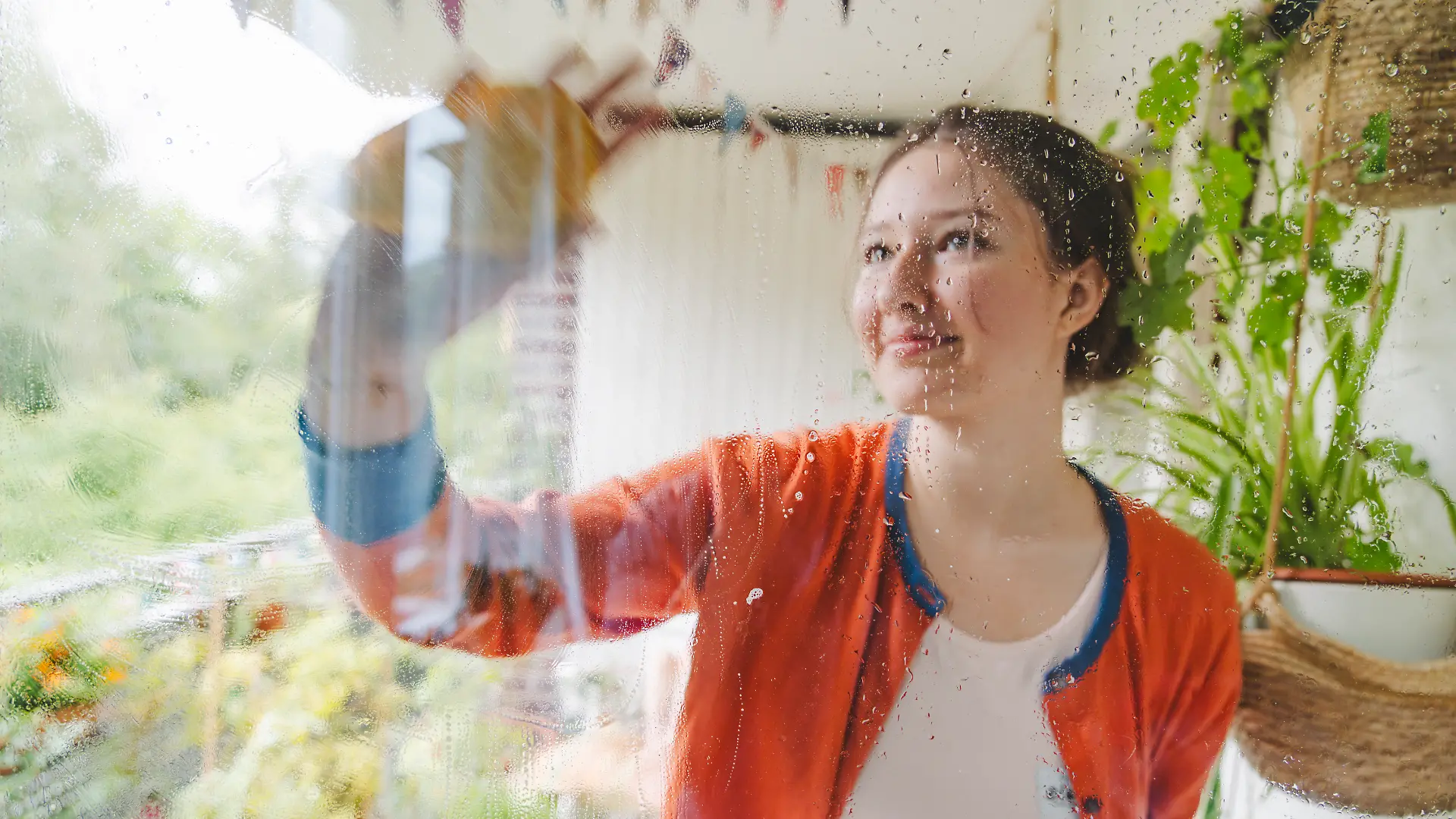 Frau putzt Fenster.