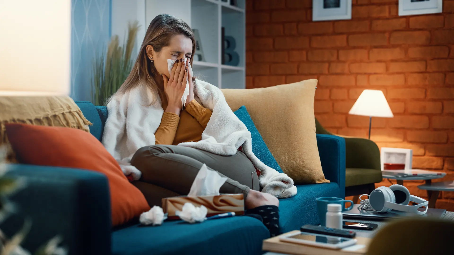 Woman with cold and flu blowing her nose