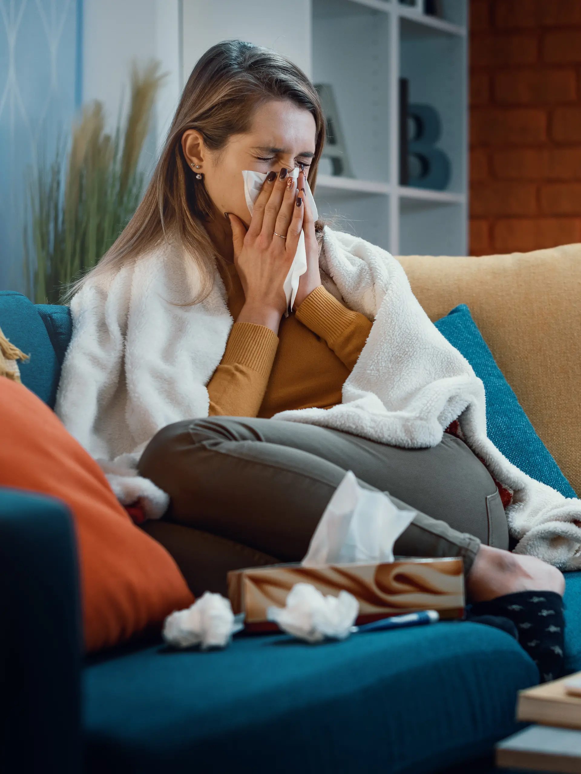 Woman with cold and flu blowing her nose