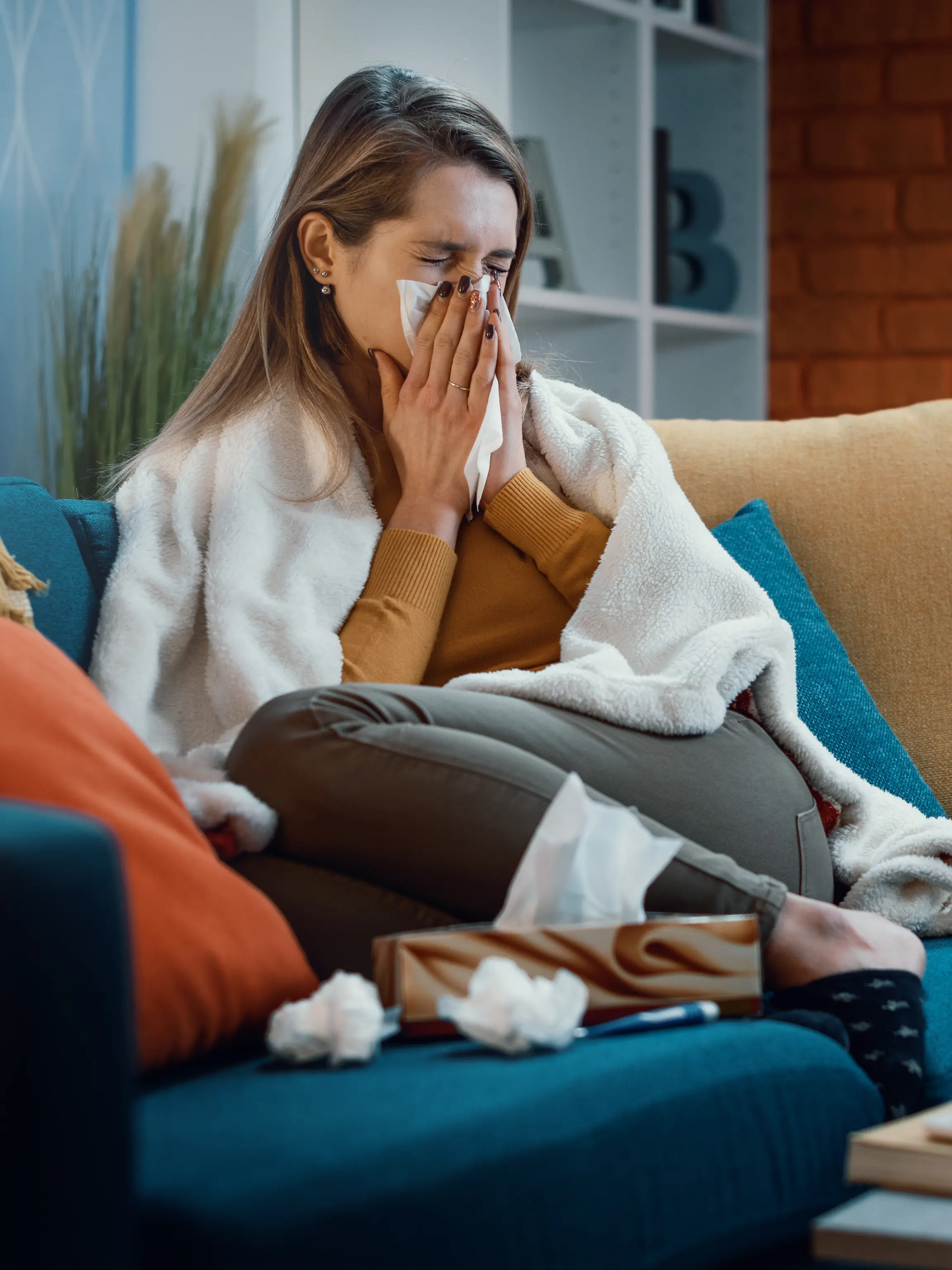 Woman with cold and flu blowing her nose