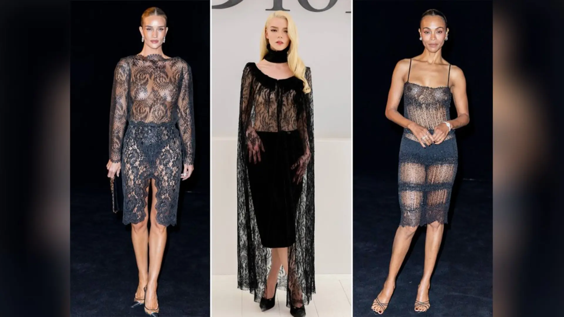 Rosie Huntington-Whiteley, Anya Taylor-Joy und Zoë Saldaña (v.l.) in ihren transparenten Looks.