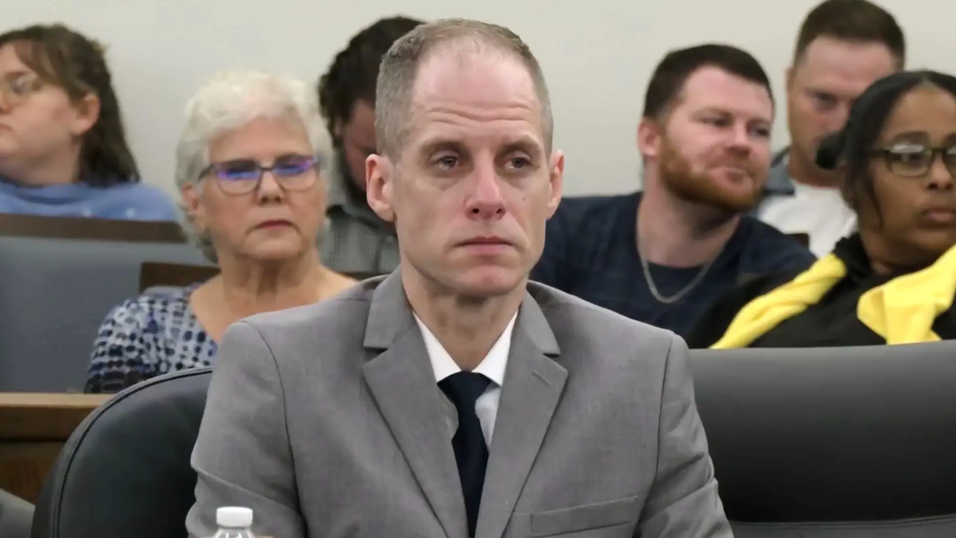 This image taken from pool court video shows 40-year-old Caleb Flynn listening to the judge reading out the jury’s verdict at the Miami County Court of Common Pleas on Tuesday, Sept. 29, 2026, in Troy, Ohio.