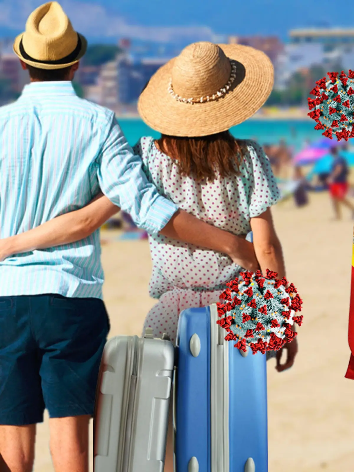 Collage: Urlauber stehen am spanischen Strand.