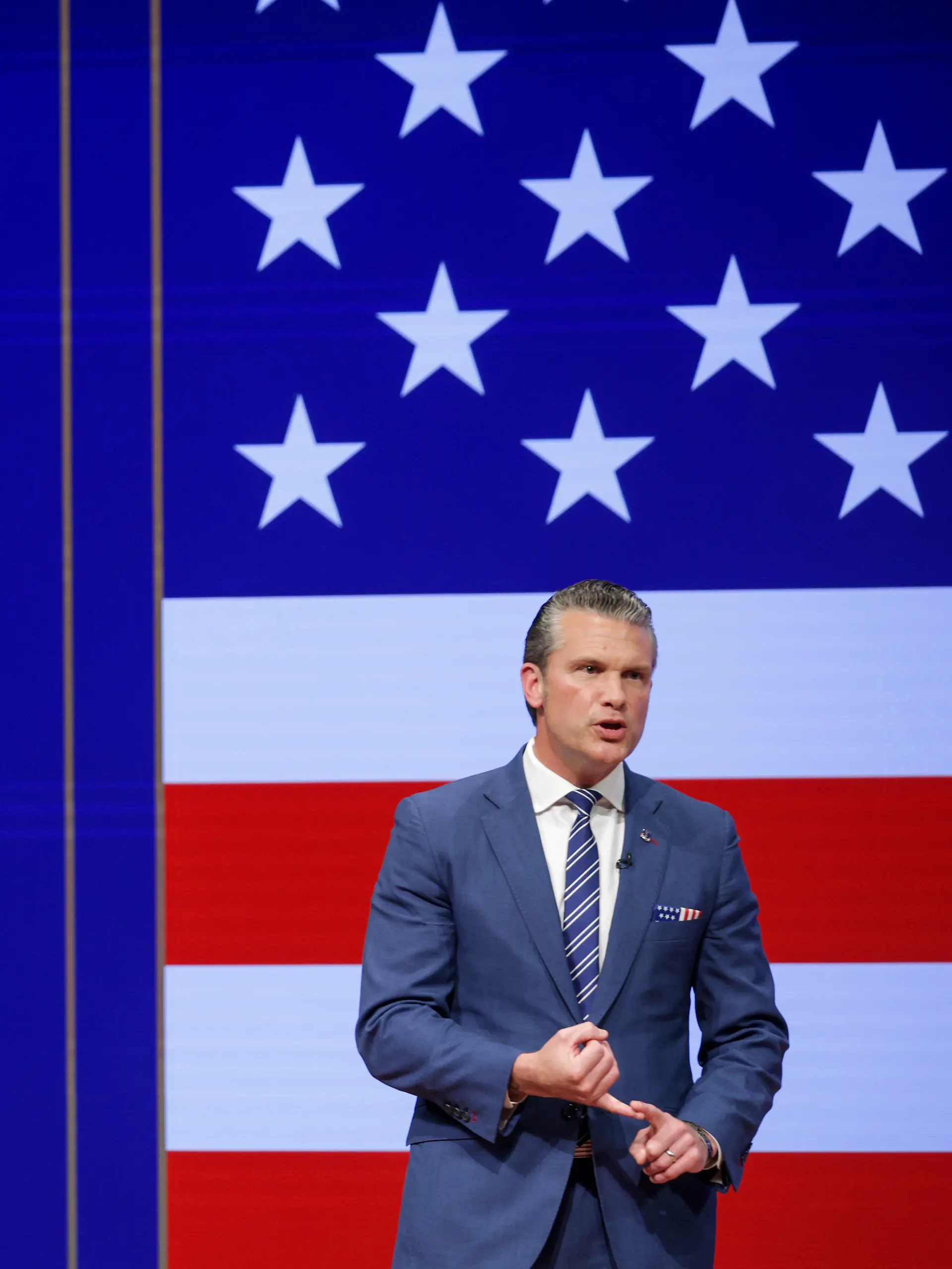 Secretary of Defense Pete Hegseth gives a State of the Force address at Marine Corps Base Quantico, Wednesday, Sept. 30, 2026 in Quantico, Va. (Alex Wong/Pool Photo via AP)