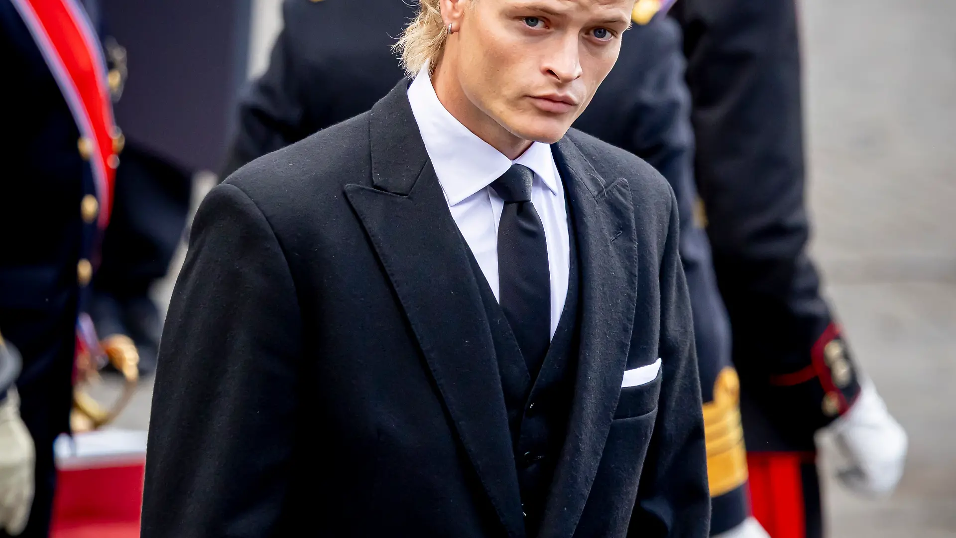 OSLO, NORWAY - SEPTEMBER 9: Marius Borg Høiby attends the funeral ff King Harald V Of Norway at Oslo Cathedral on September 9, 2026 in Oslo, Norway. Born on February 21, 1937, King Harald V of Norway was the first Norwegian-born monarch to inherit the Norwegian throne in over 600 years, reigning from 1991 until his death on August 28, 2026. He represented Norway in sailing at three Olympic Games and, in 1968, married Sonja Haraldsen, breaking with royal convention by marrying a non-royal. The couple had two children, and he was succeeded by his son, King Haakon VIII of Norway. (Photo by Patrick van Katwijk/WireImage)