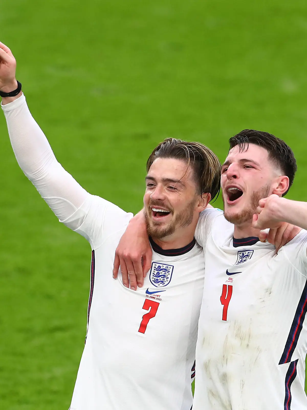  Mandatory Credit: Photo by Kieran McManus/BPI/Shutterstock 12173673fa Jack Grealish of England and Declan Rice of England celebrate. England v Germany, UEFA European Championship, EM, Europameisterschaft 2020, Round of 16, International Football, Wembley Stadium, London, UK - 29 June 2021 England v Germany, UEFA European Championship 2020, Round of 16, International Football, Wembley Stadium, London, UK - 29 June 2021 PUBLICATIONxINxGERxSUIxAUTXHUNxGRExMLTxCYPxROMxBULxUAExKSAxONLY Copyright: xKieranxMcManus/BPI/Shutterstockx 12173673fa