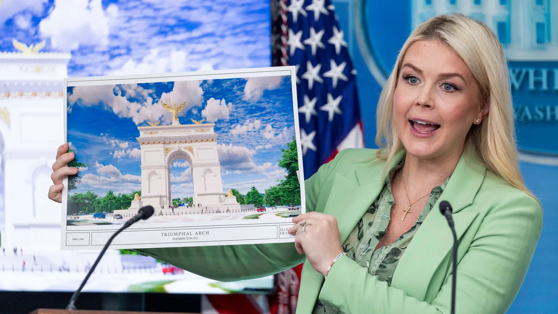 White House press briefing with Secretary of Treasury Scott Bessent, and Small Business Administrator Kelly Loeffler White House Press Secretary Karoline Leavitt holds up an illustration of the Triumphal Arch that President Trump is submitting plans to build during a press briefing at the White House in Washington, DC, USA, 15 April 2026. WASHINGTON DISTRICT OF COLUMBIA United States PUBLICATIONxNOTxINxFRAxUK Copyright: xPool/ABACAx