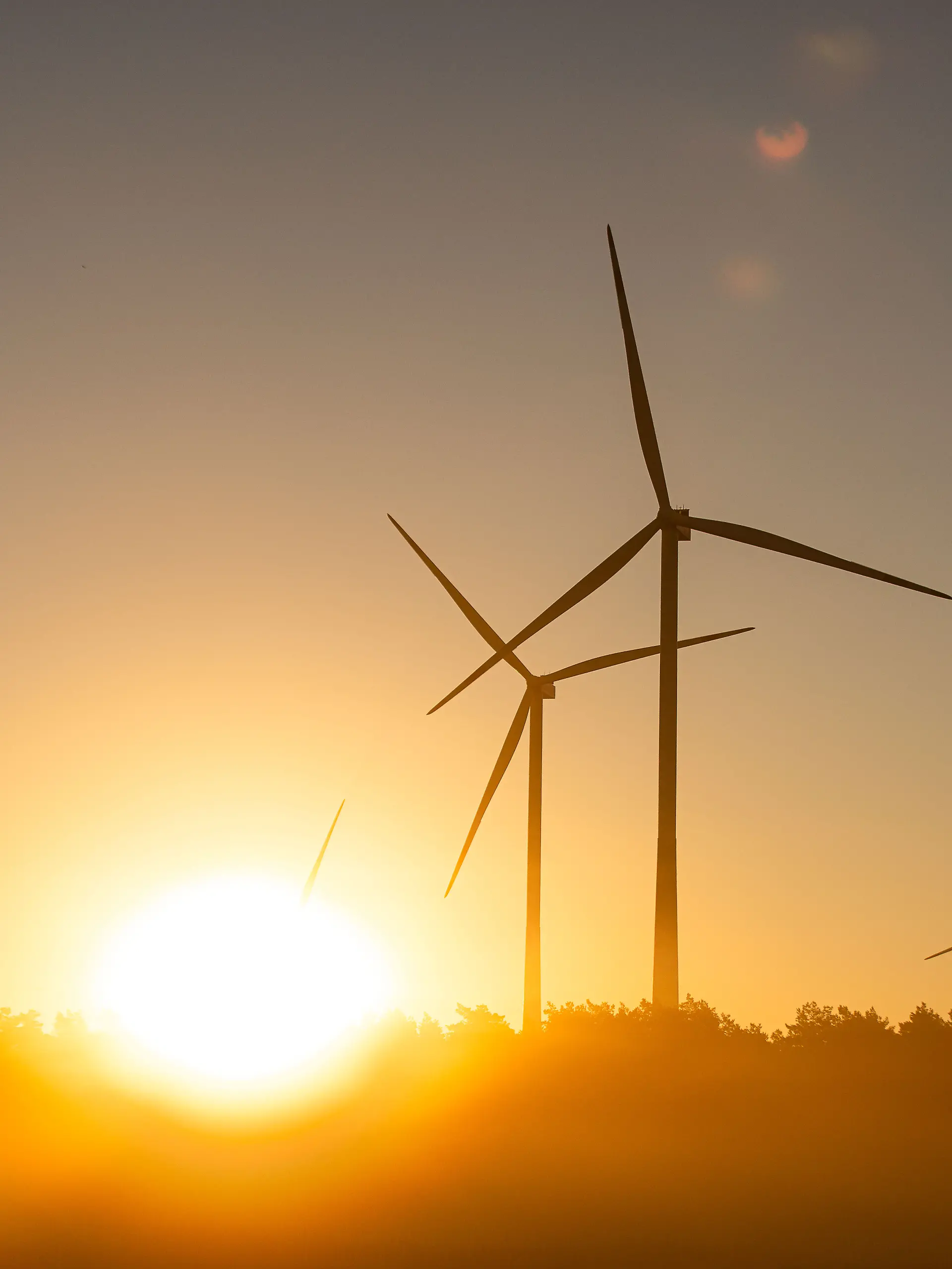 EIn Windpark bei Stahnsdorf, südlich von Berlin, in Brandenburg in der Morgensonne.