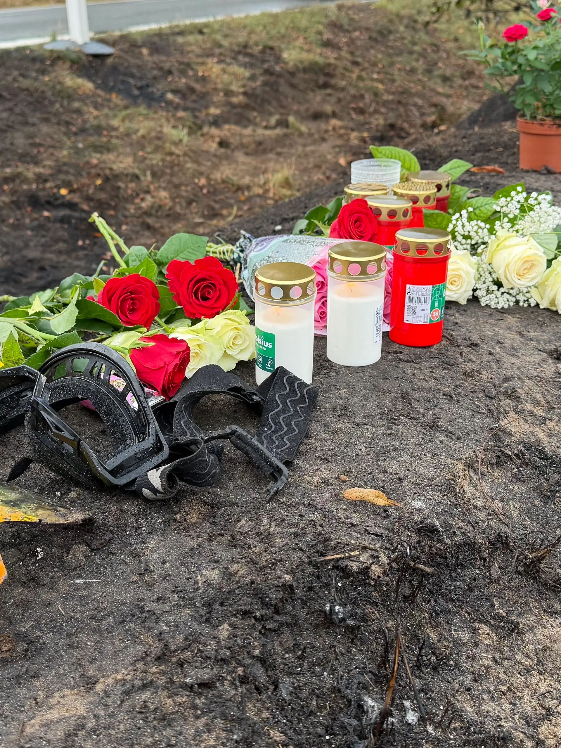 Rote und weiße Rosen, Grablichter und vier kleine Rosenstöcke: Mit Blumen und Kerzen gedenken Angehörige und Freunde der vier jungen Todesopfer am Unfallort in Biesenthal.