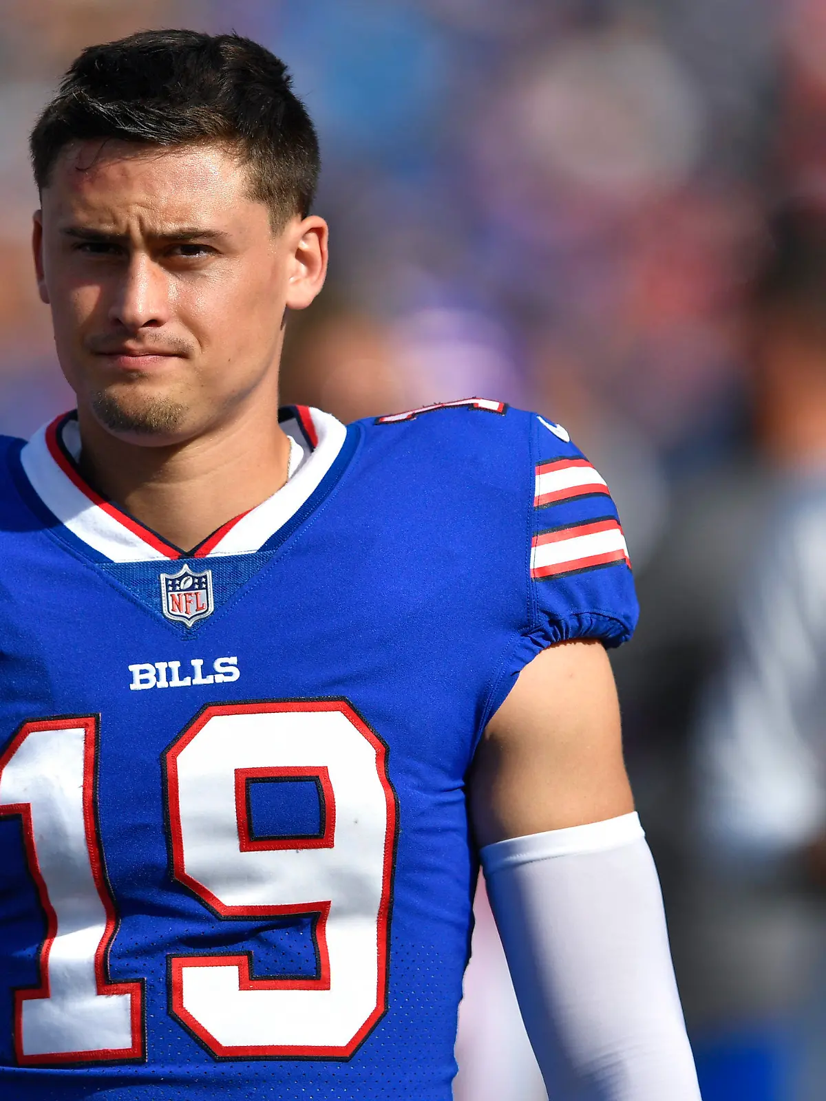 FILE -Buffalo Bills punter Matt Araiza walks on the sideline during the first half of a preseason NFL football game against the Indianapolis Colts in Orchard Park, N.Y., Saturday, Aug. 13, 2022. Former Buffalo Bills punter Matt Araiza was not present when an alleged gang rape of a minor occurred at an October 2021 party in San Diego nor was he visible in videos recovered after the incident, which led to a police investigation and a lawsuit by the woman who said she was attacked, according to witness testimony. (AP Photo/Adrian Kraus, File)