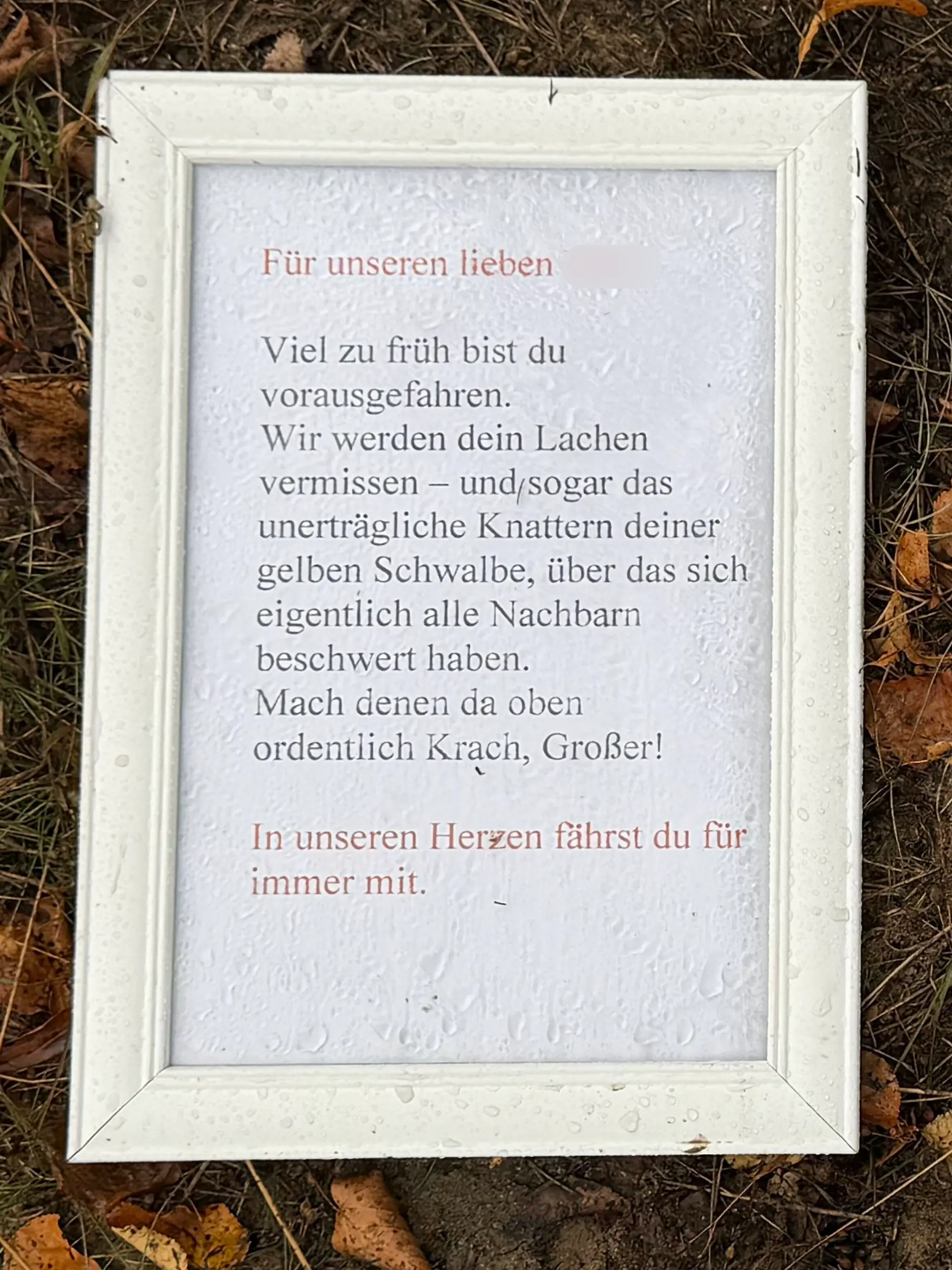 Zwischen Blumen und Kerzen steht ein eingerahmter Abschiedsbrief an eines der vier Todesopfer von Biesenthal – mit Worten, die mitten ins Herz treffen.