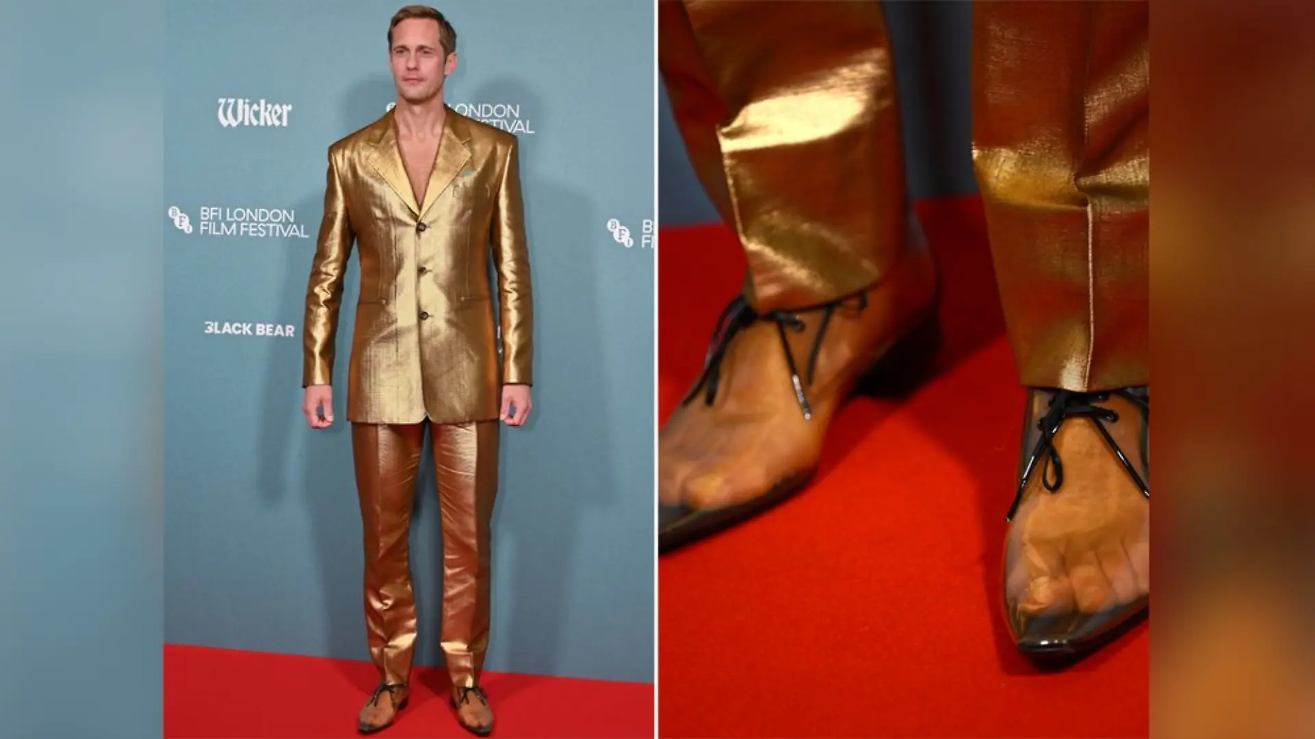 Alexander Skarsgård in goldenem Anzug und transparenten Schuhen.