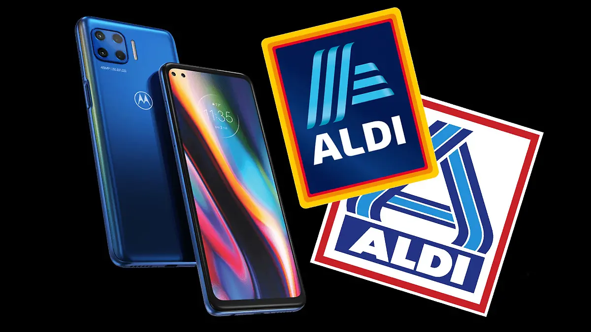 Motorola-Handy neben dem Aldi-Logo.
