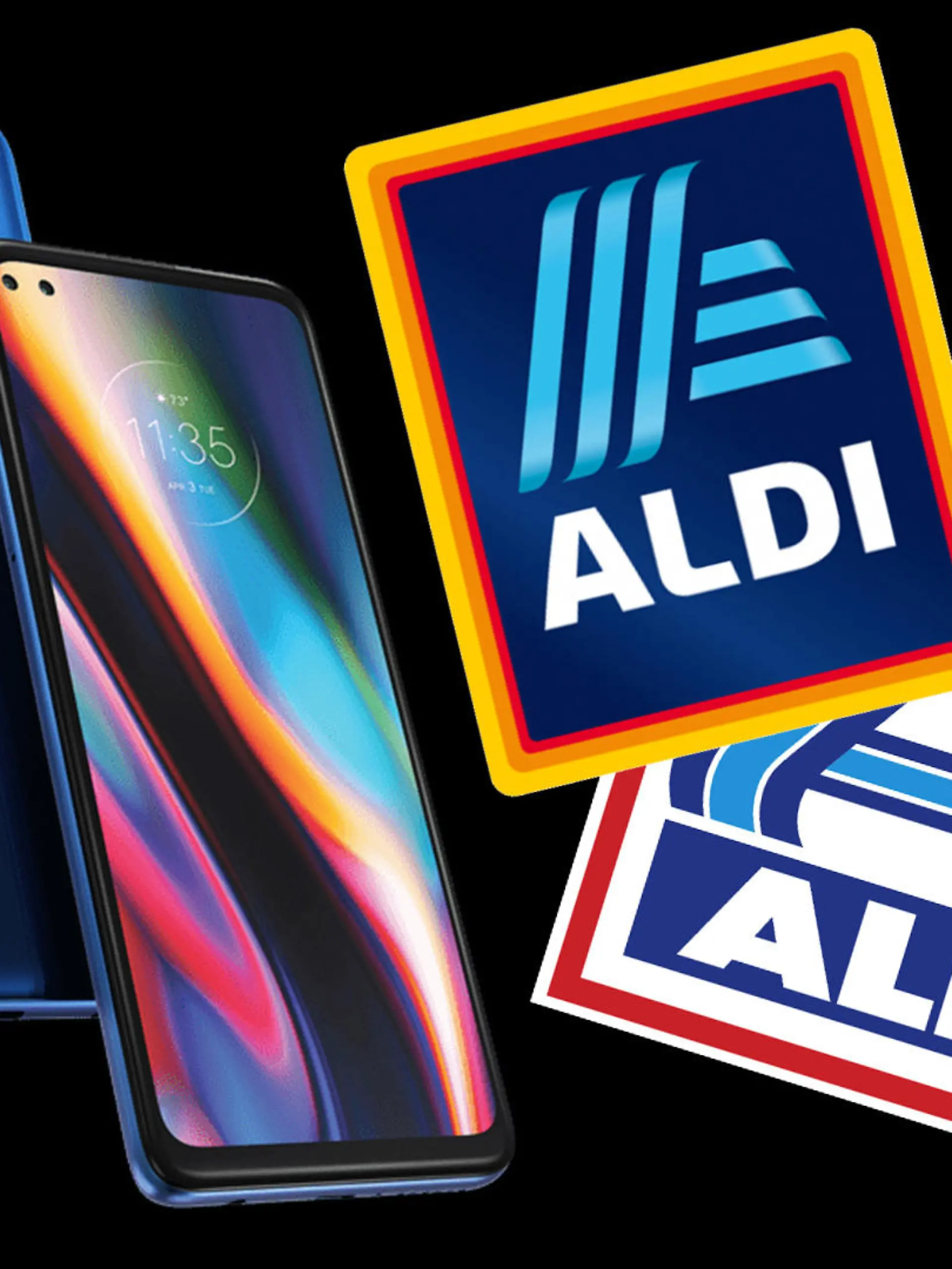 Motorola-Handy neben dem Aldi-Logo.