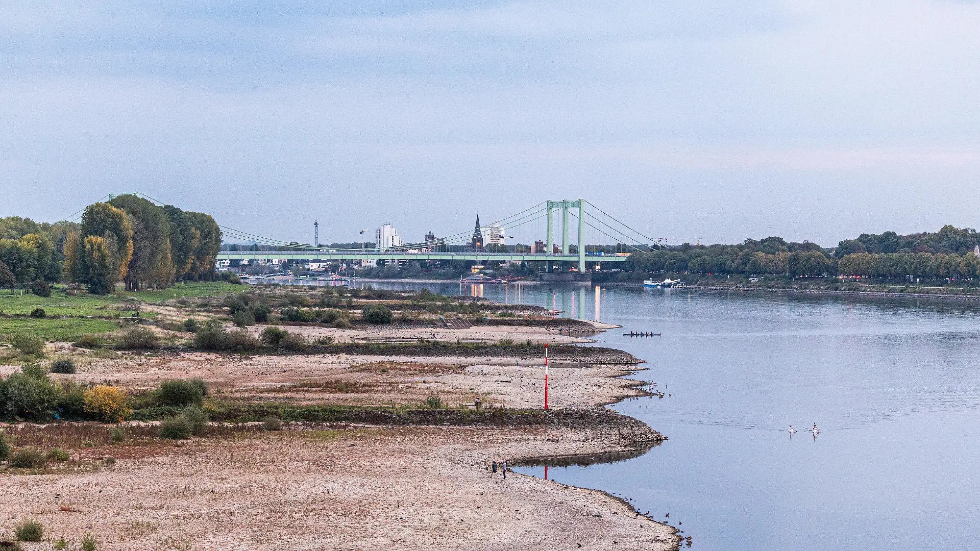 Blick von der Eisenbahn-Südbrücke in Köln rheinaufwärts Richtung Süden auf die Rodenkirchener Autobahnbrücke (A4). Im Vordergrund liegt das Flussbett großflächig trocken. Der Pegel Köln liegt mit 43 cm auf Rekordniveau, nur wenig über dem Tiefstwert von 40 cm. Ab Donnerstag leitet eine Regenfront den Herbst ein und bringt den Pegeln erste Entspannung.