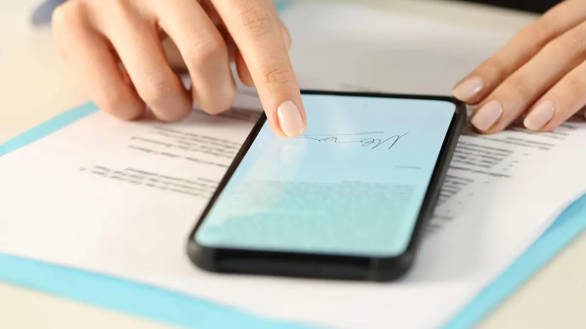  Executive woman hands signs contract on smart phone Copyright: xAntonioGuillemx Panthermedia28277895 ,model released, Symbolfoto