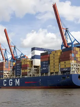 Schlepper und Containerschiff CMA CGM Loire der Reederei CMA CGM auf der Elbe am Containerterminal Burchardkai im Hafen von Hamburg, Deutschland