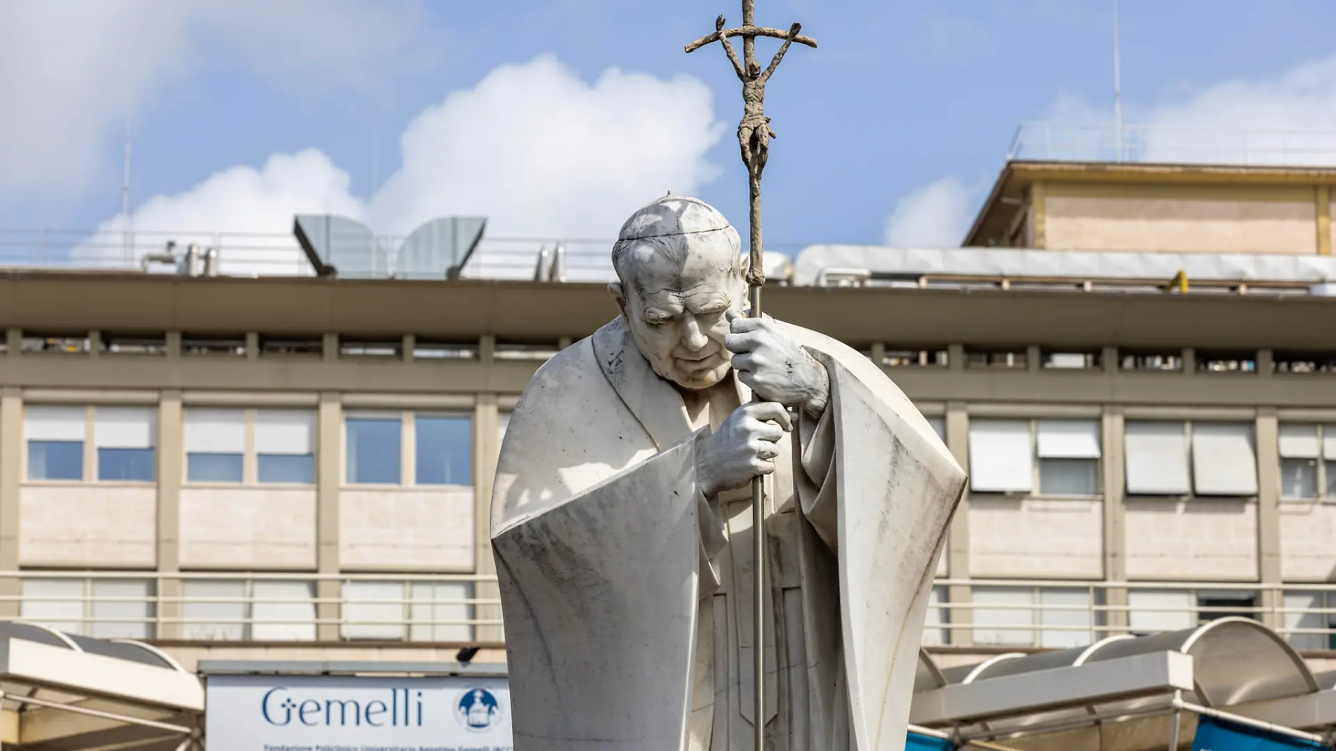 The statue of late Pope John Paul II at Gemelli hospital, in Rome, 23 March 2025. Pope Francis offered a blessing before being discharged today from Gemelli hospital. Pope Francis has being hospitalized since the 14th February or a bilateral pneumonia. He will now start two month recovery at Casa Santa Marta at the Vatican.