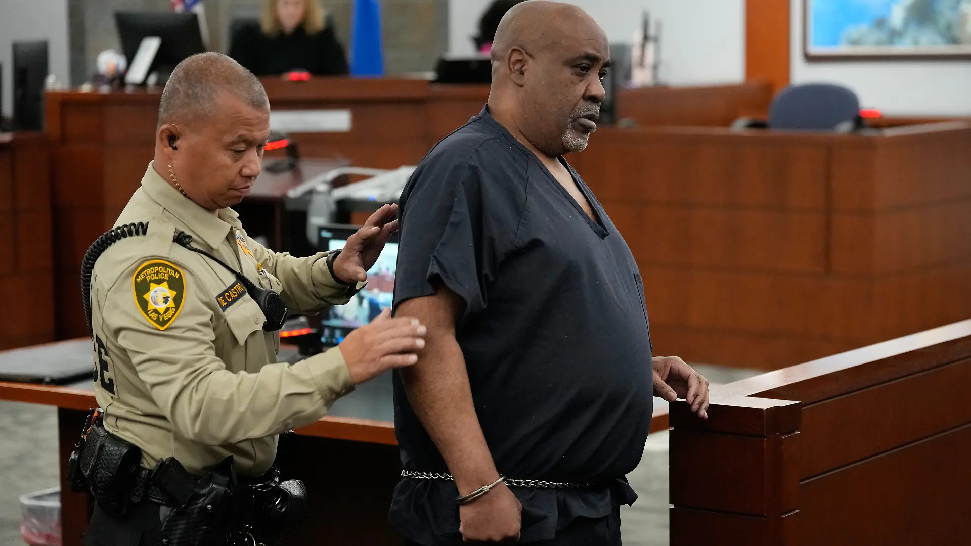 Duane Davis, center, arrives for a sentencing hearing after his murder conviction in the death of rapper Tupac Shakur on Tuesday, Oct. 13, 2026, in Las Vegas. (AP Photo/John Locher, Pool)